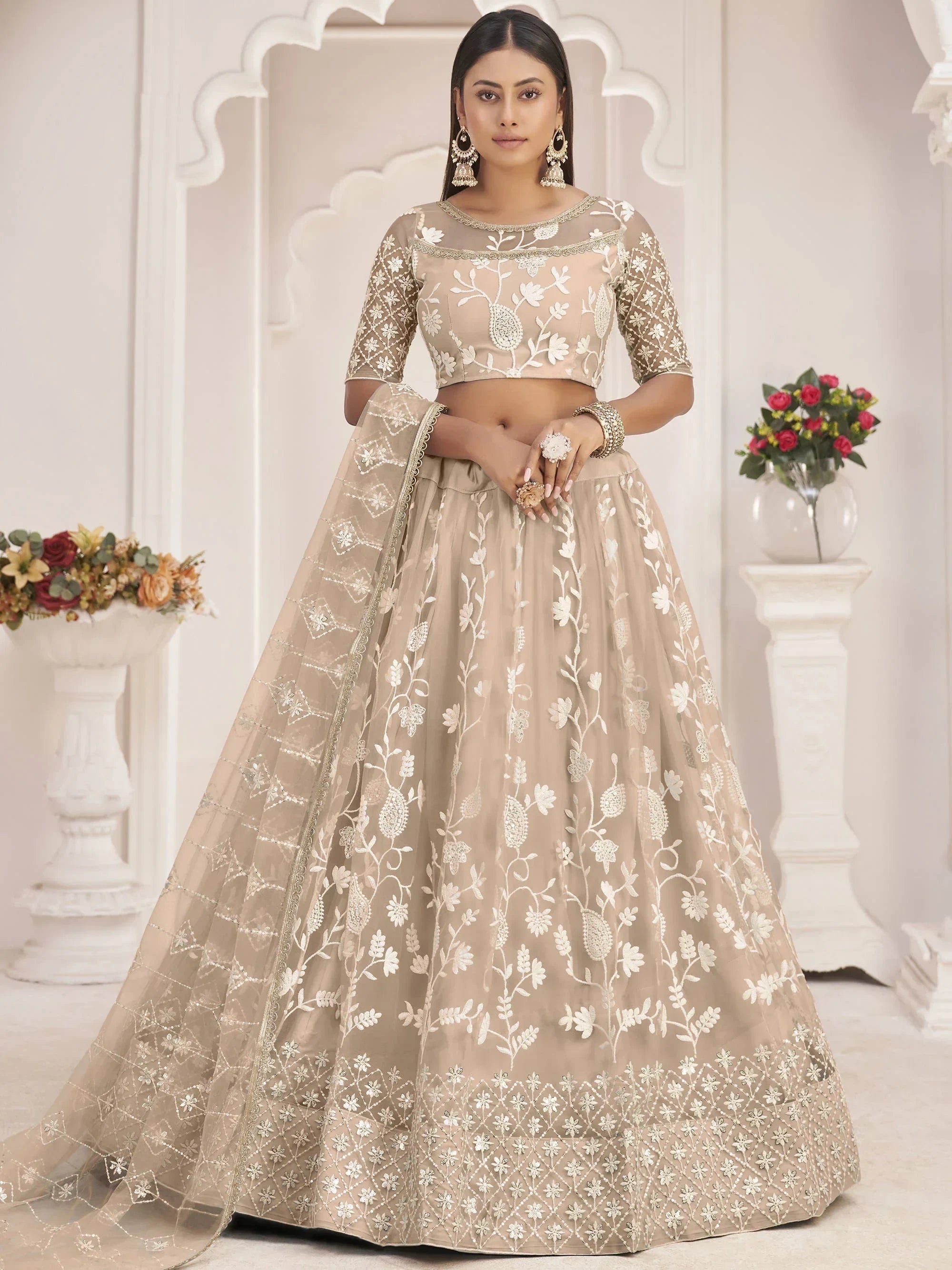 Beige Magnificent Light Butterfly Net Cotton Thread Party Wear Lehenga