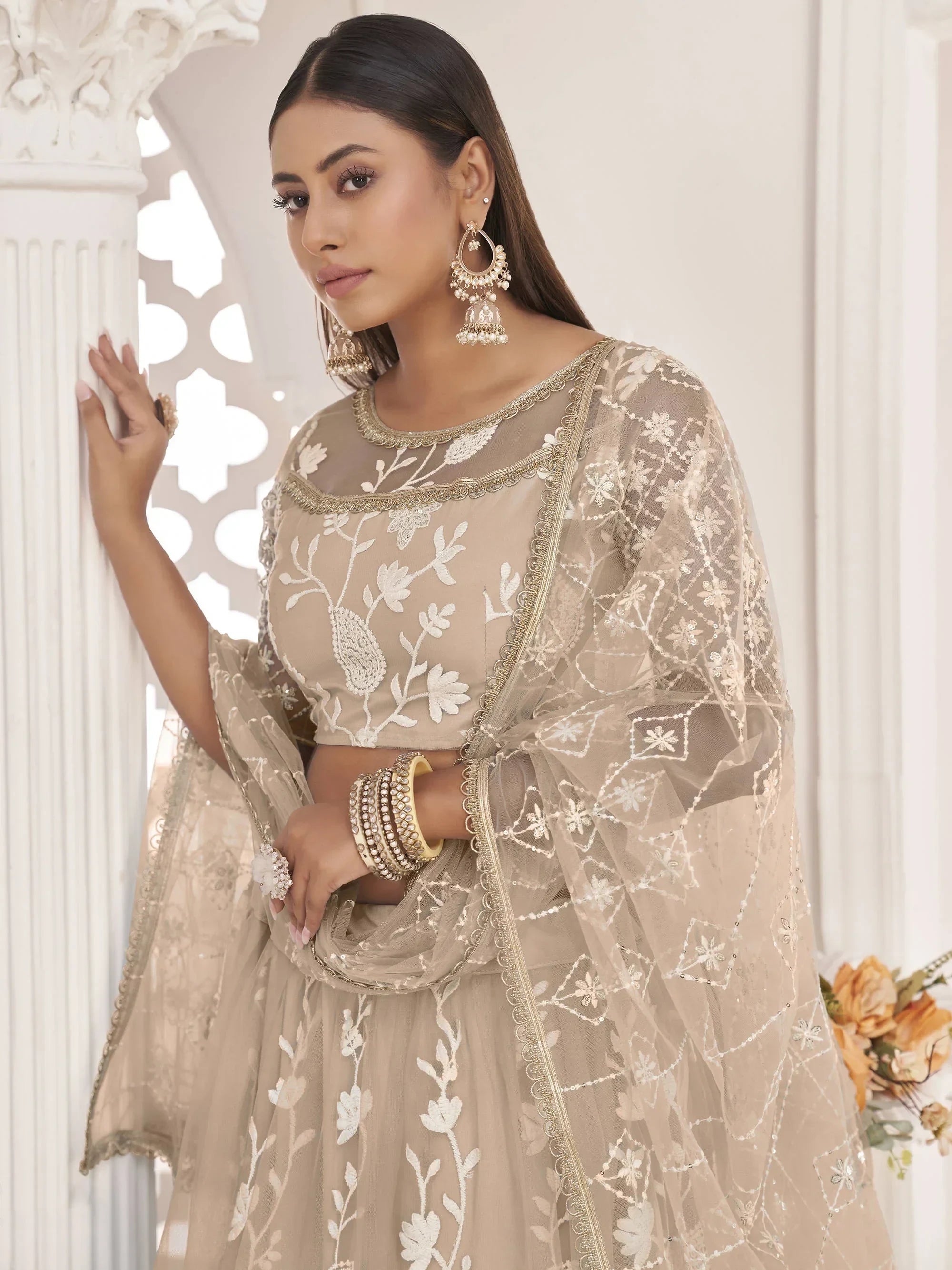 Beige Magnificent Light Butterfly Net Cotton Thread Party Wear Lehenga