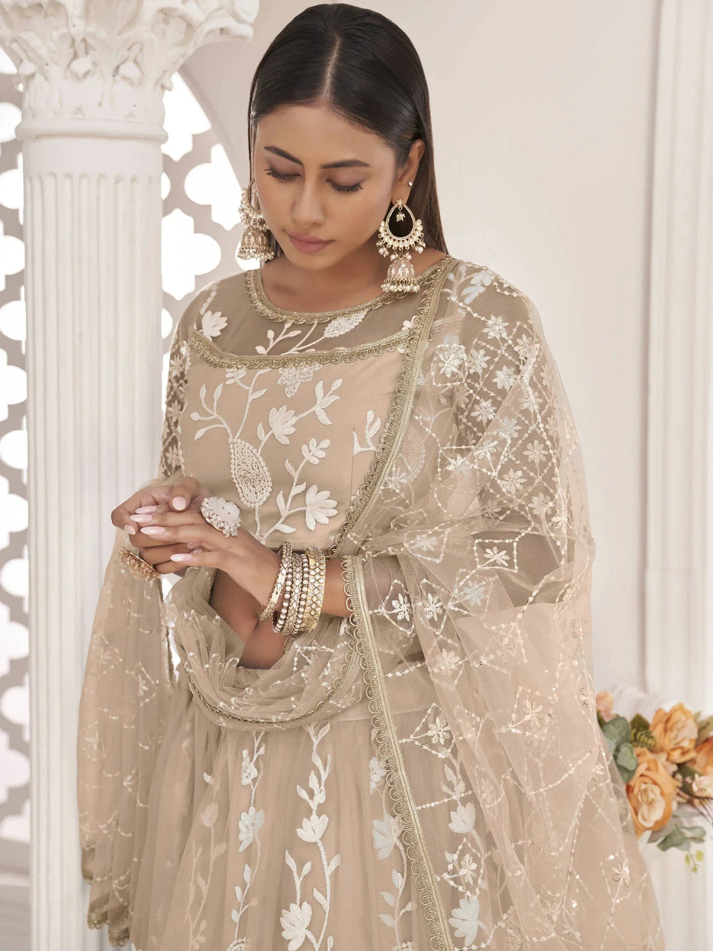 Beige Magnificent Light Butterfly Net Cotton Thread Party Wear Lehenga