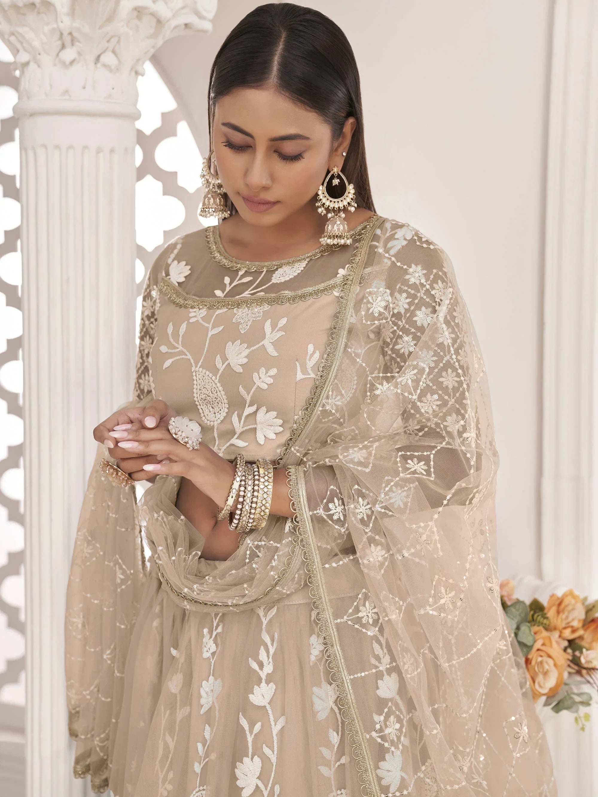 Beige Magnificent Light Butterfly Net Cotton Thread Party Wear Lehenga