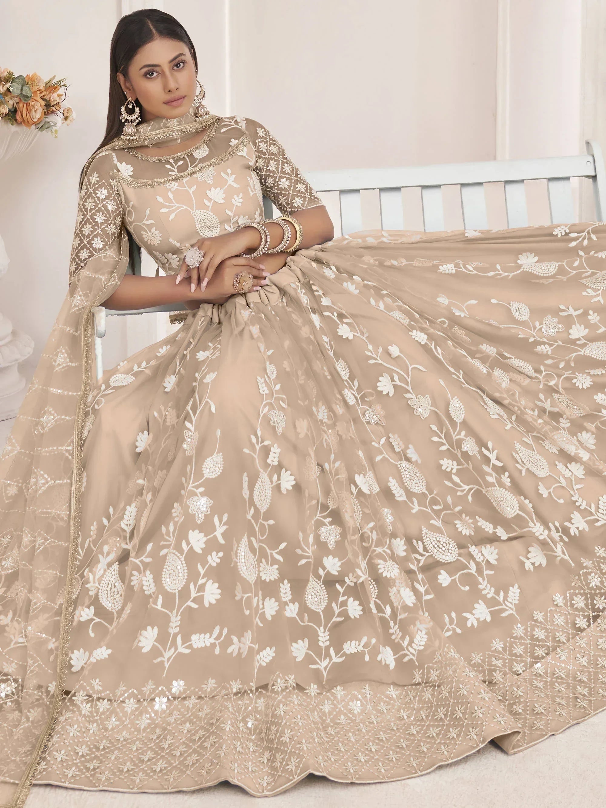 Beige Magnificent Light Butterfly Net Cotton Thread Party Wear Lehenga