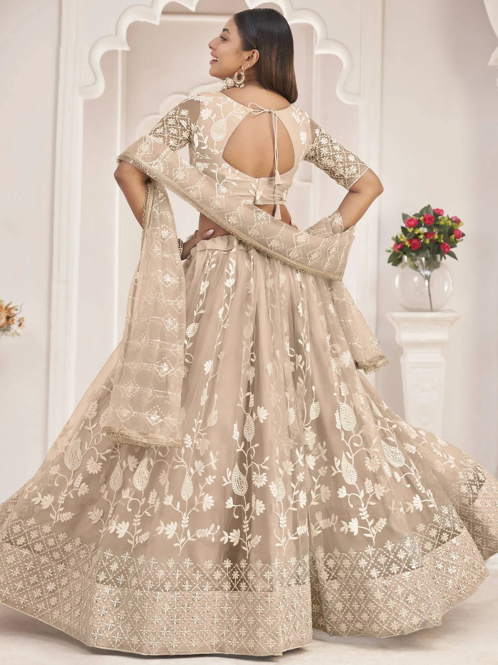 Beige Magnificent Light Butterfly Net Cotton Thread Party Wear Lehenga