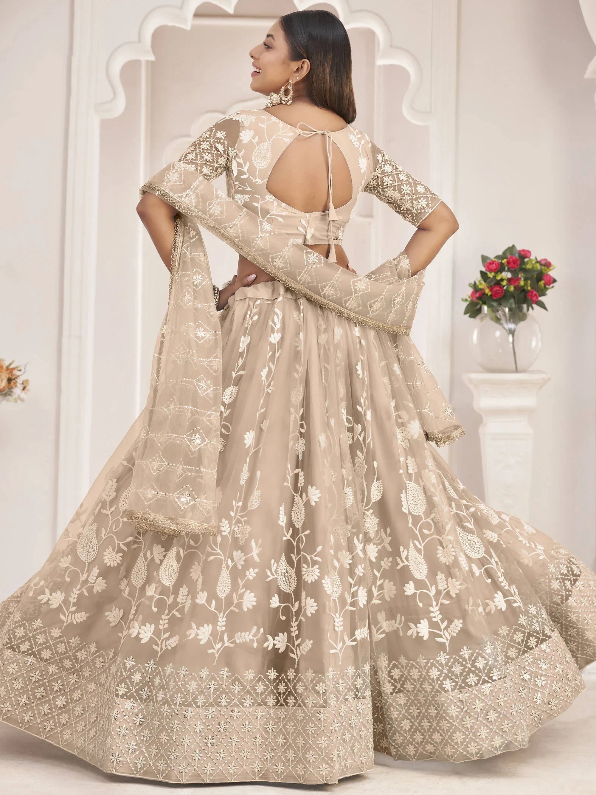Beige Magnificent Light Butterfly Net Cotton Thread Party Wear Lehenga