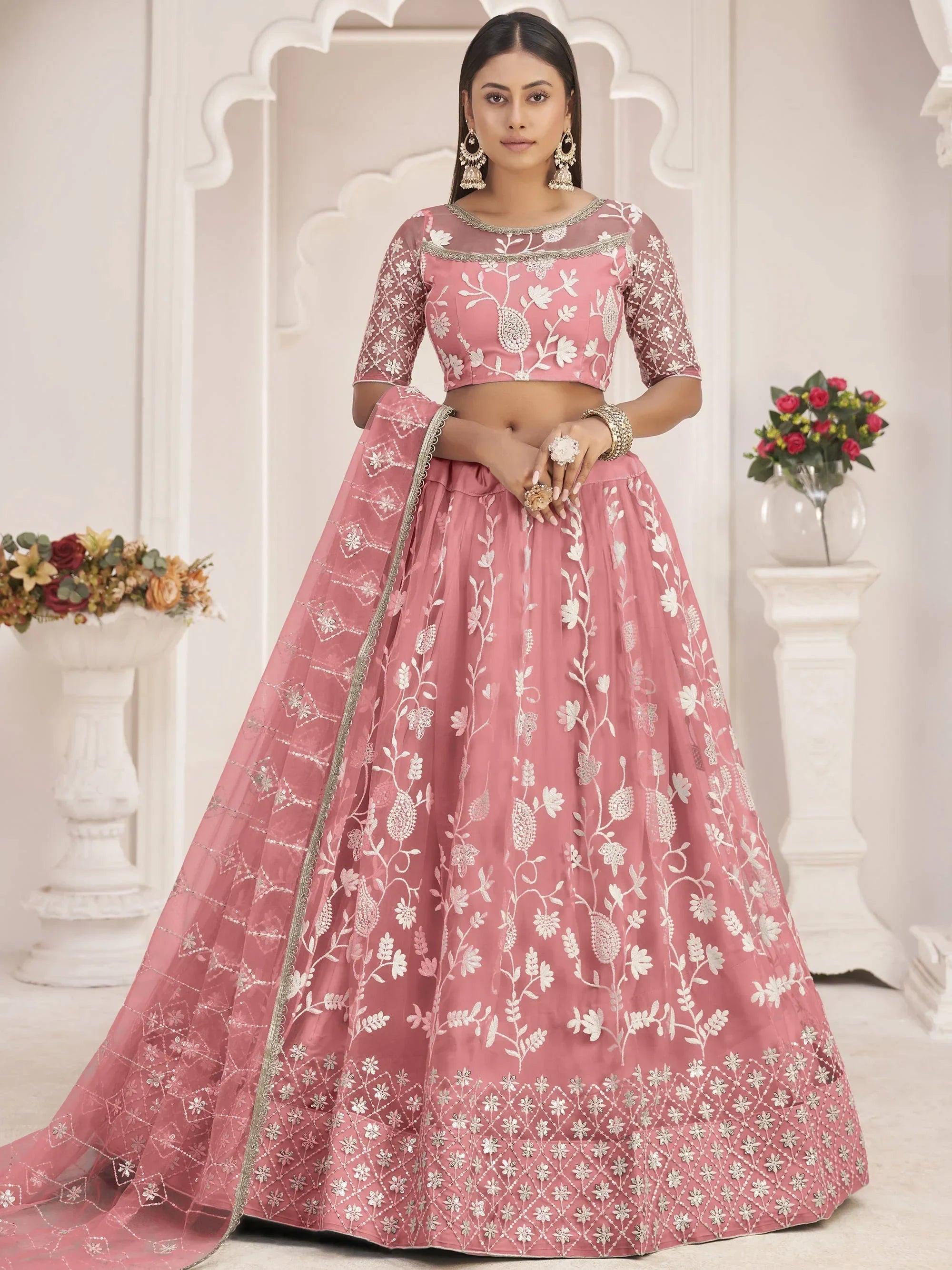 Peach Magnificent Light Butterfly Net Cotton Thread Party Wear Lehenga