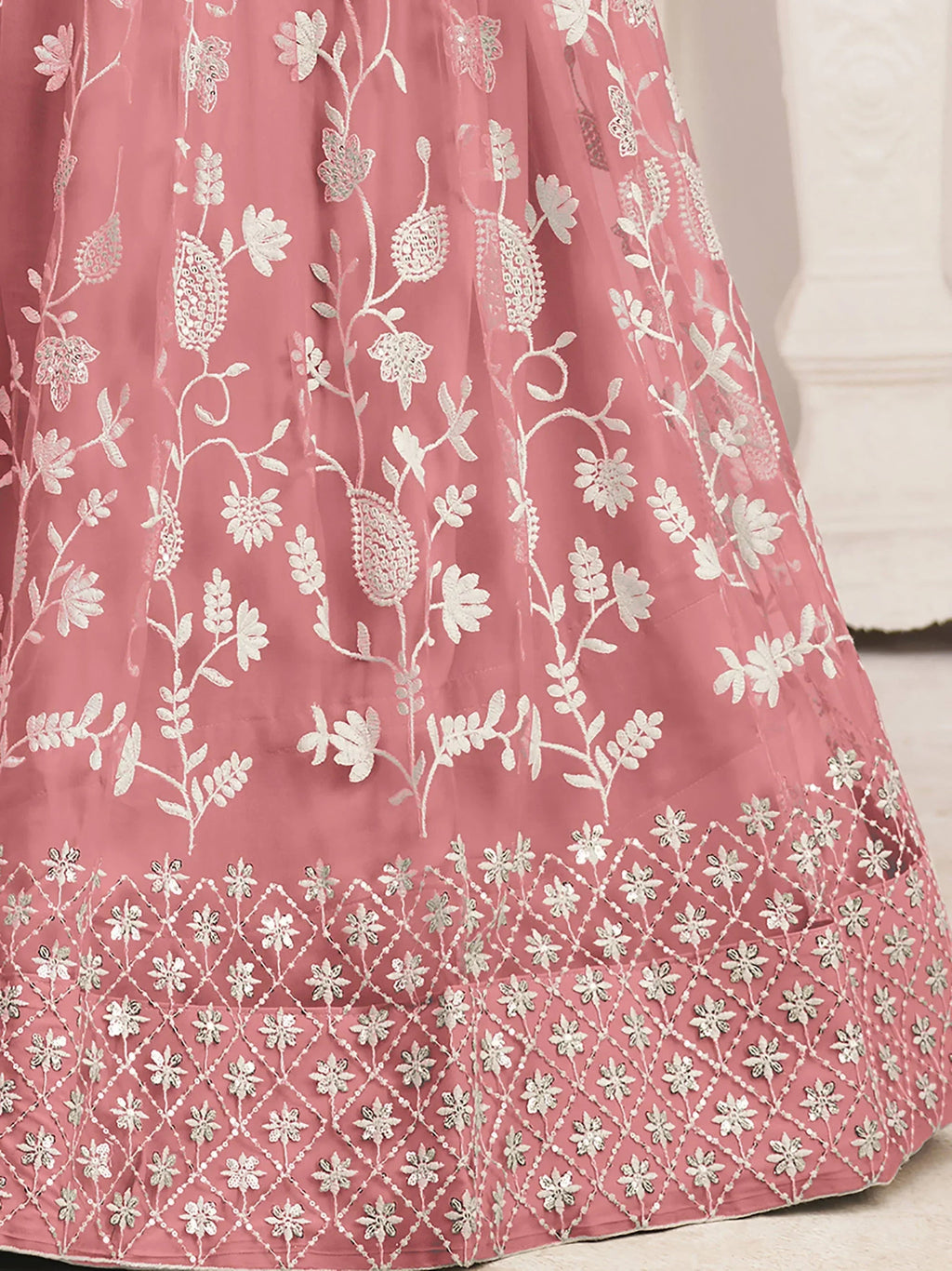 Peach Magnificent Light Butterfly Net Cotton Thread Party Wear Lehenga
