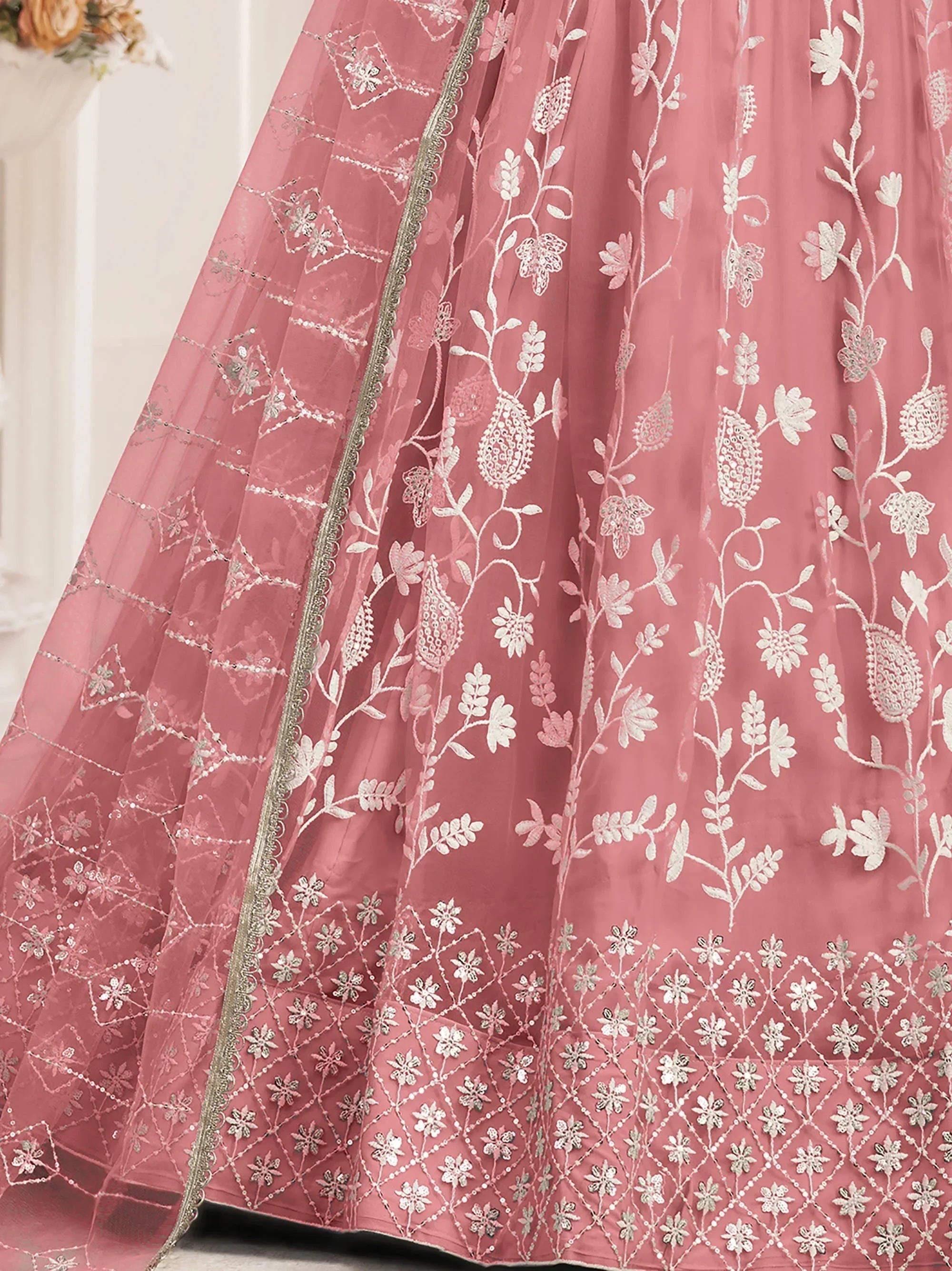 Peach Magnificent Light Butterfly Net Cotton Thread Party Wear Lehenga