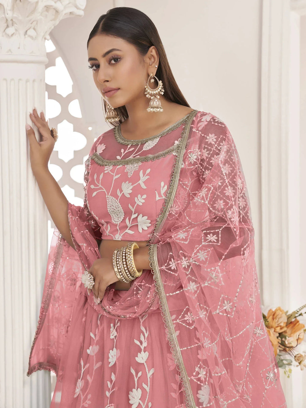 Peach Magnificent Light Butterfly Net Cotton Thread Party Wear Lehenga