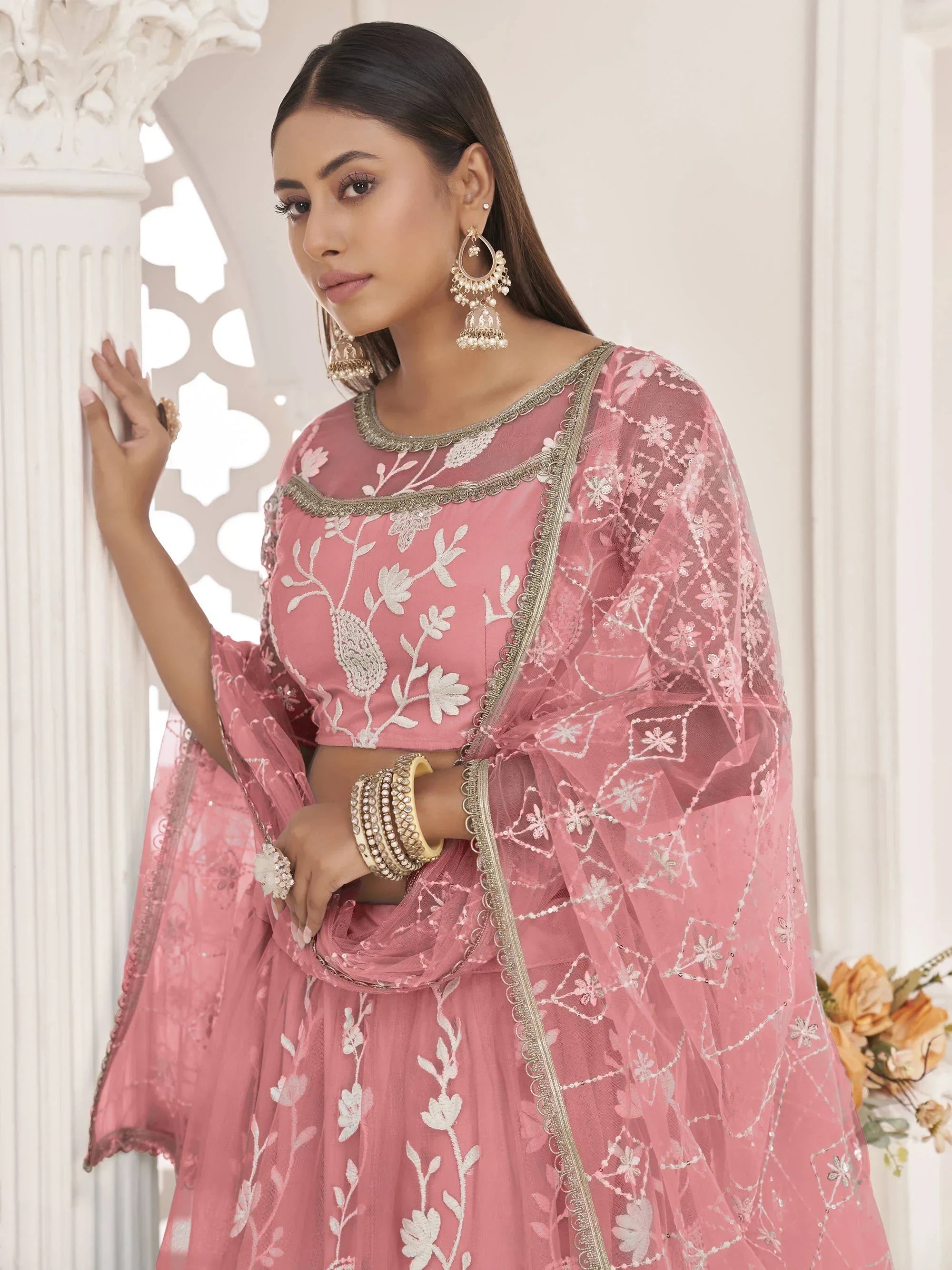 Peach Magnificent Light Butterfly Net Cotton Thread Party Wear Lehenga