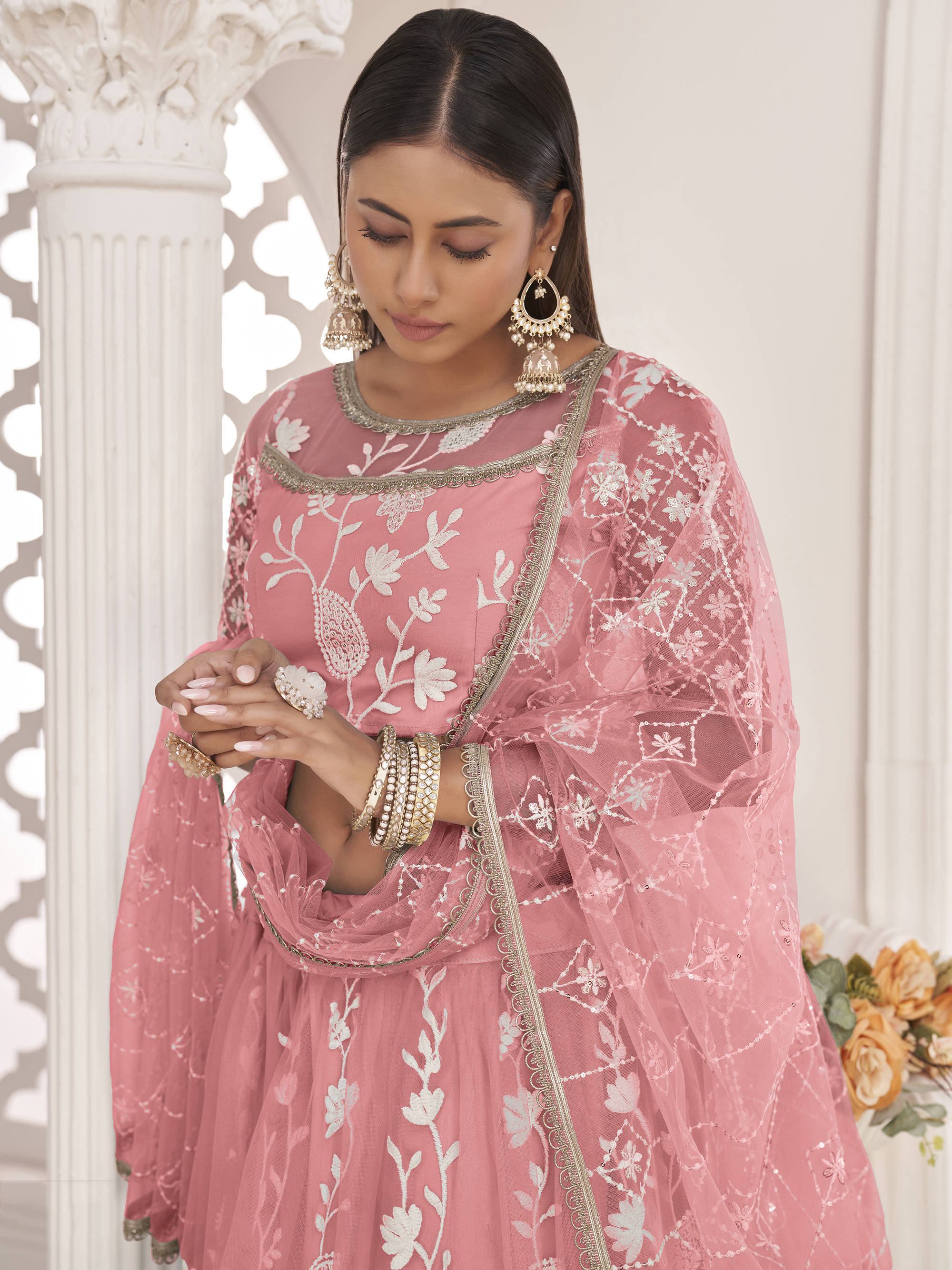 Peach Magnificent Light Butterfly Net Cotton Thread Party Wear Lehenga