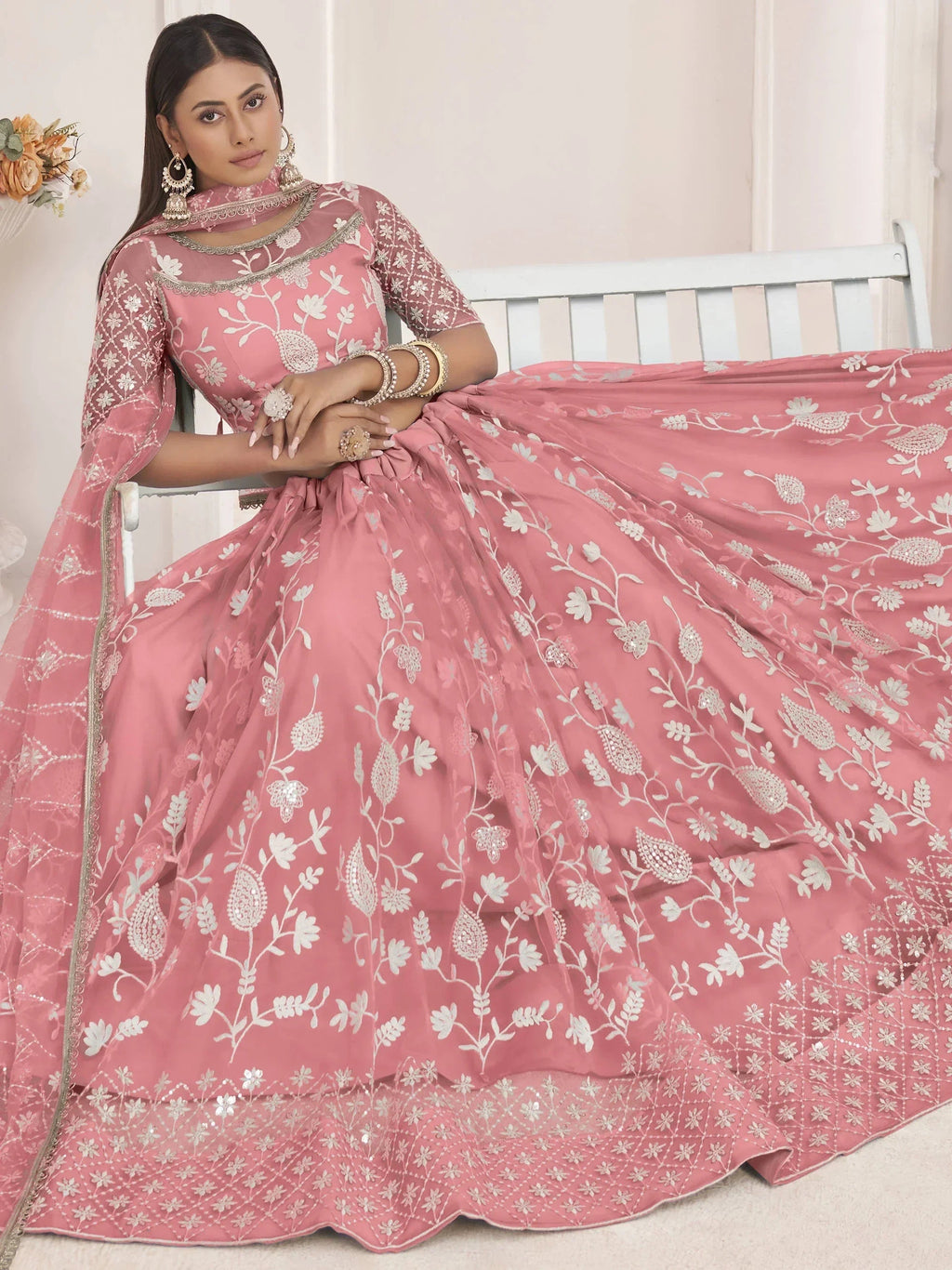 Peach Magnificent Light Butterfly Net Cotton Thread Party Wear Lehenga