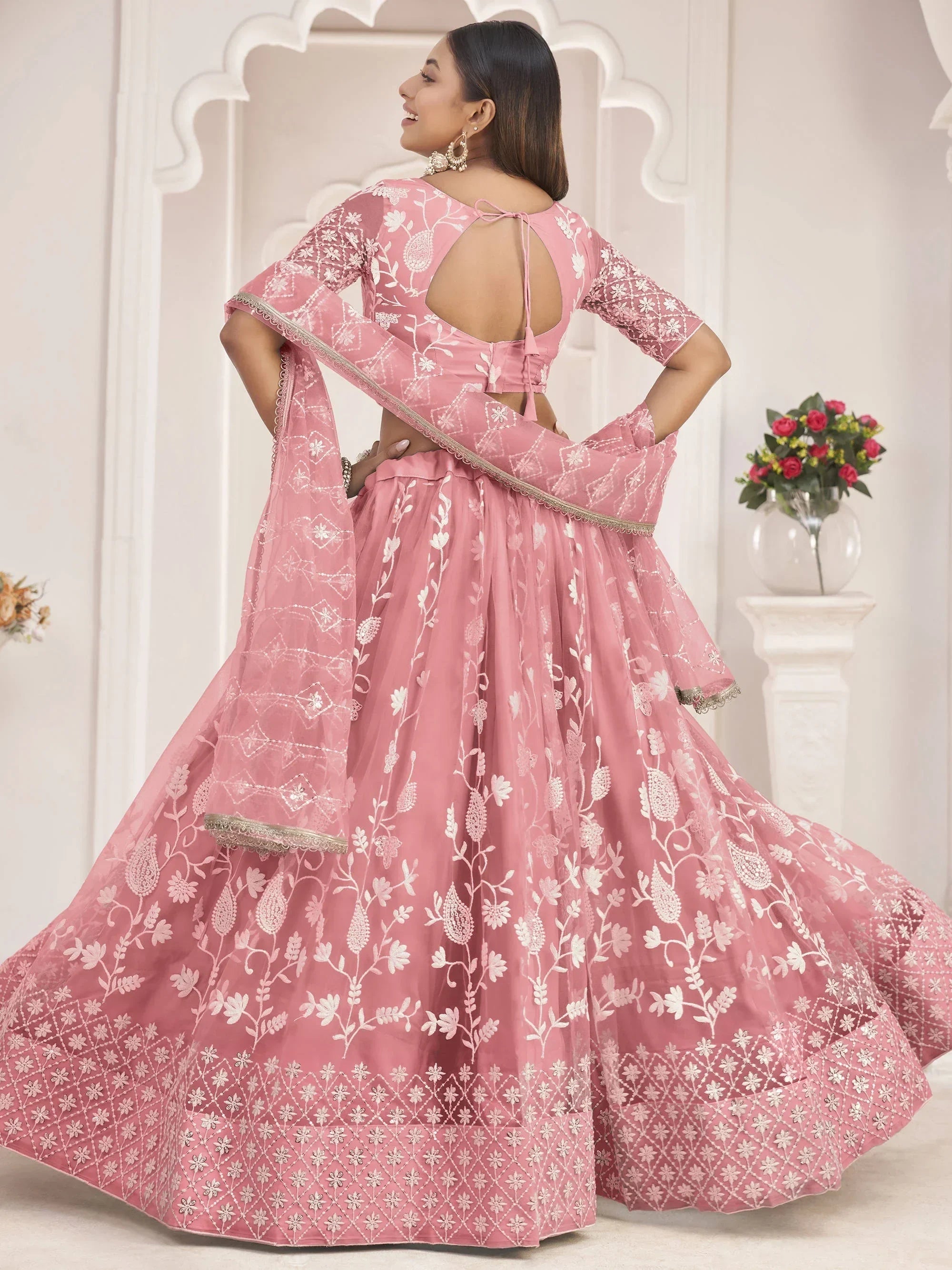 Peach Magnificent Light Butterfly Net Cotton Thread Party Wear Lehenga