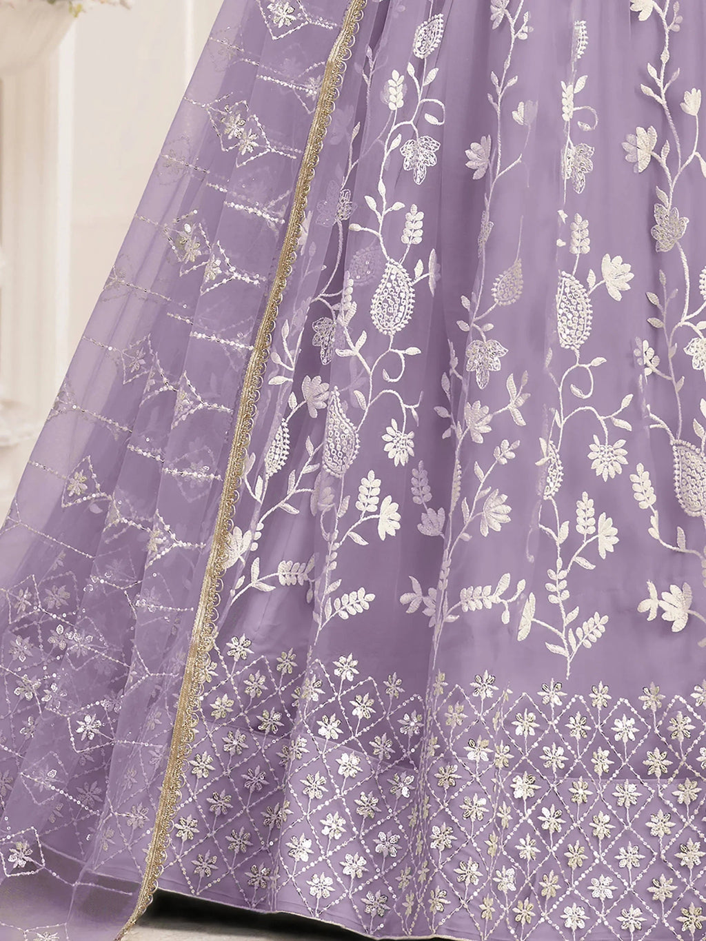 Lavender Magnificent Light Butterfly Net Cotton Thread Party Wear Lehenga