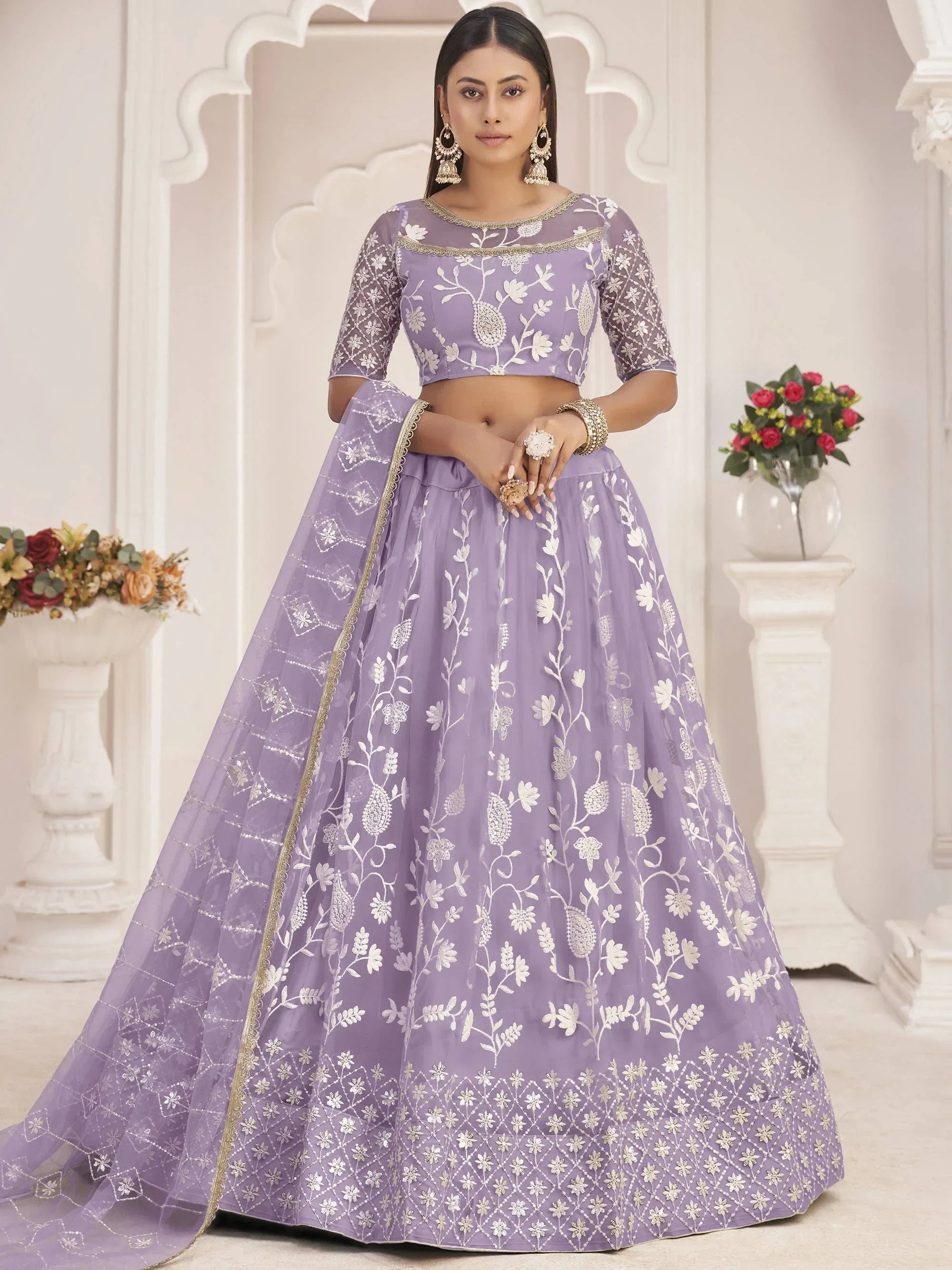 Lavender Magnificent Light Butterfly Net Cotton Thread Party Wear Lehenga