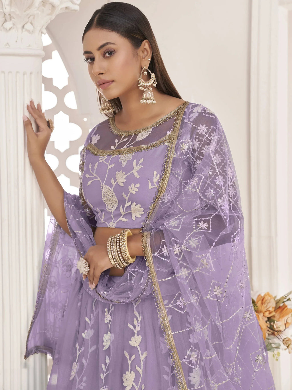 Lavender Magnificent Light Butterfly Net Cotton Thread Party Wear Lehenga