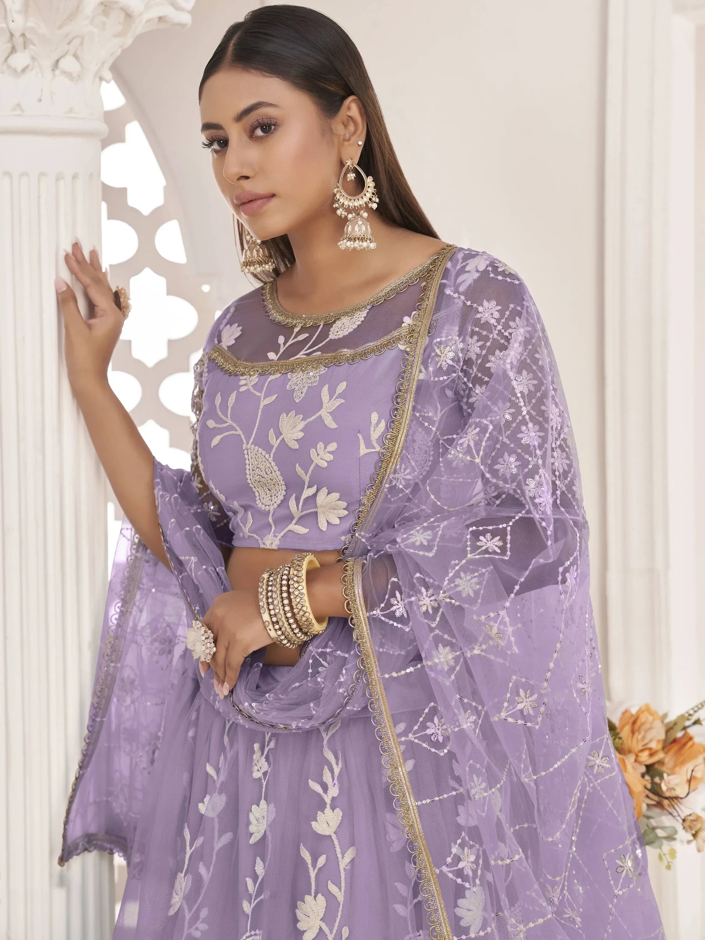 Lavender Magnificent Light Butterfly Net Cotton Thread Party Wear Lehenga