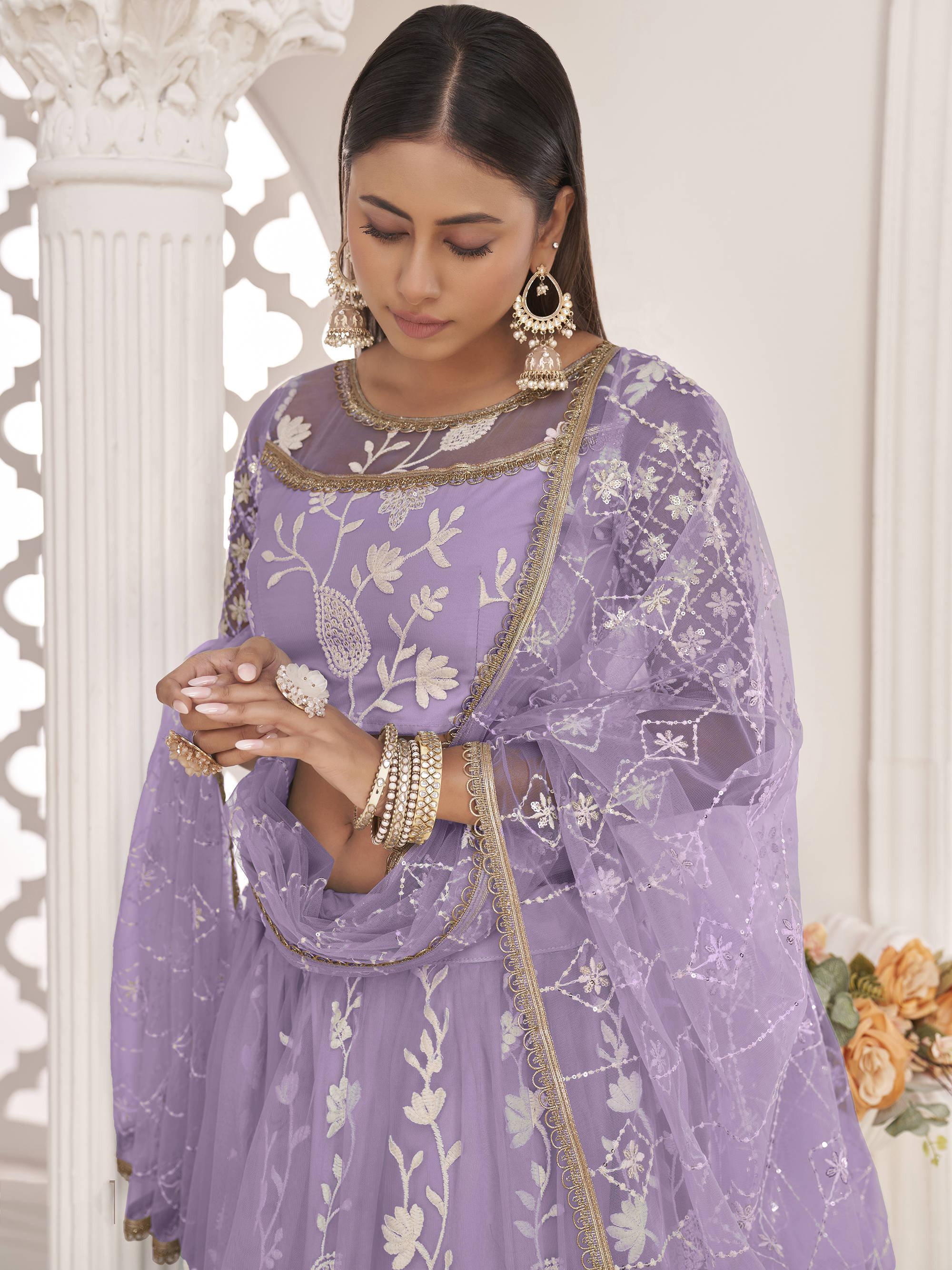 Lavender Magnificent Light Butterfly Net Cotton Thread Party Wear Lehenga