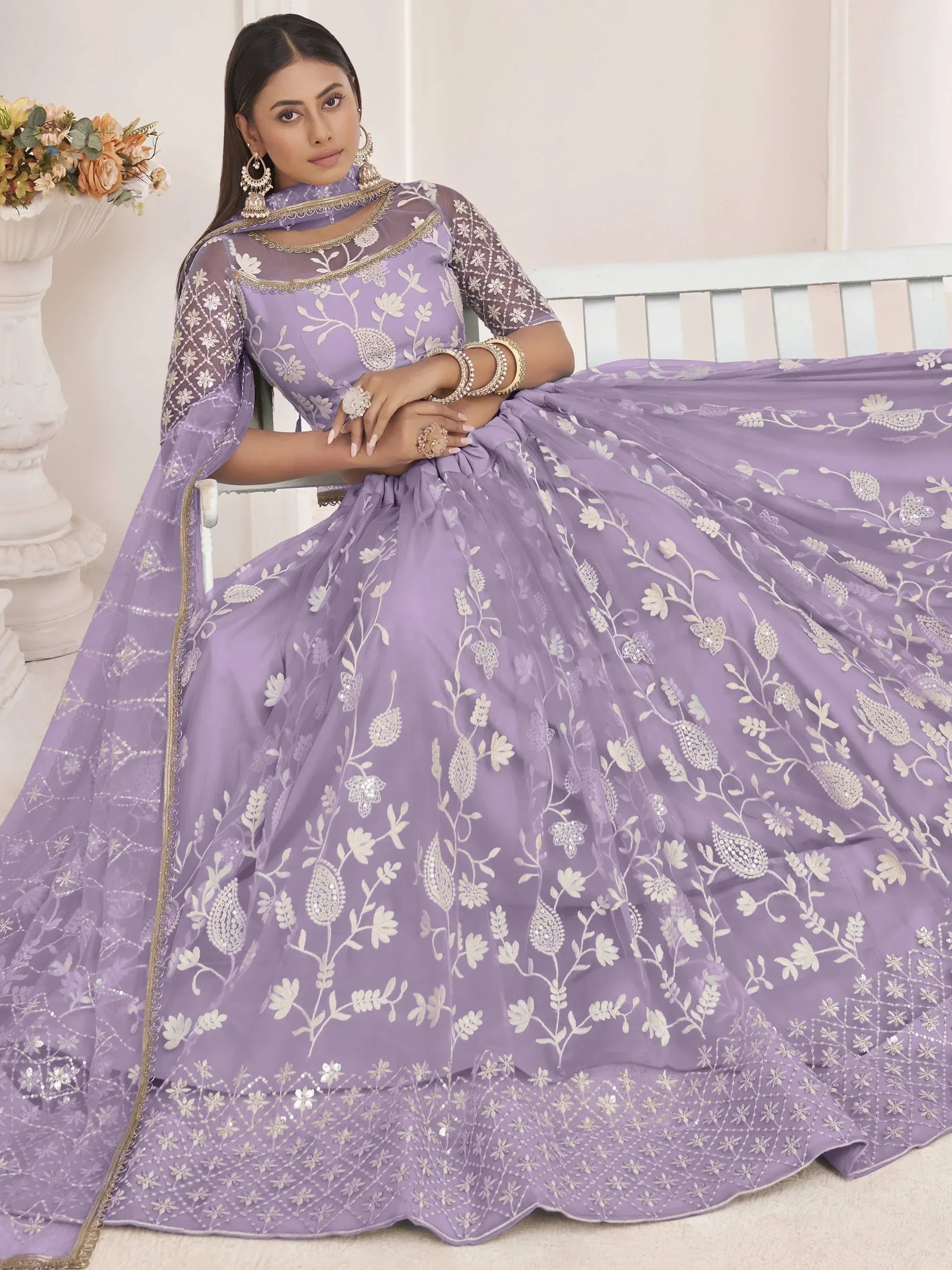 Lavender Magnificent Light Butterfly Net Cotton Thread Party Wear Lehenga