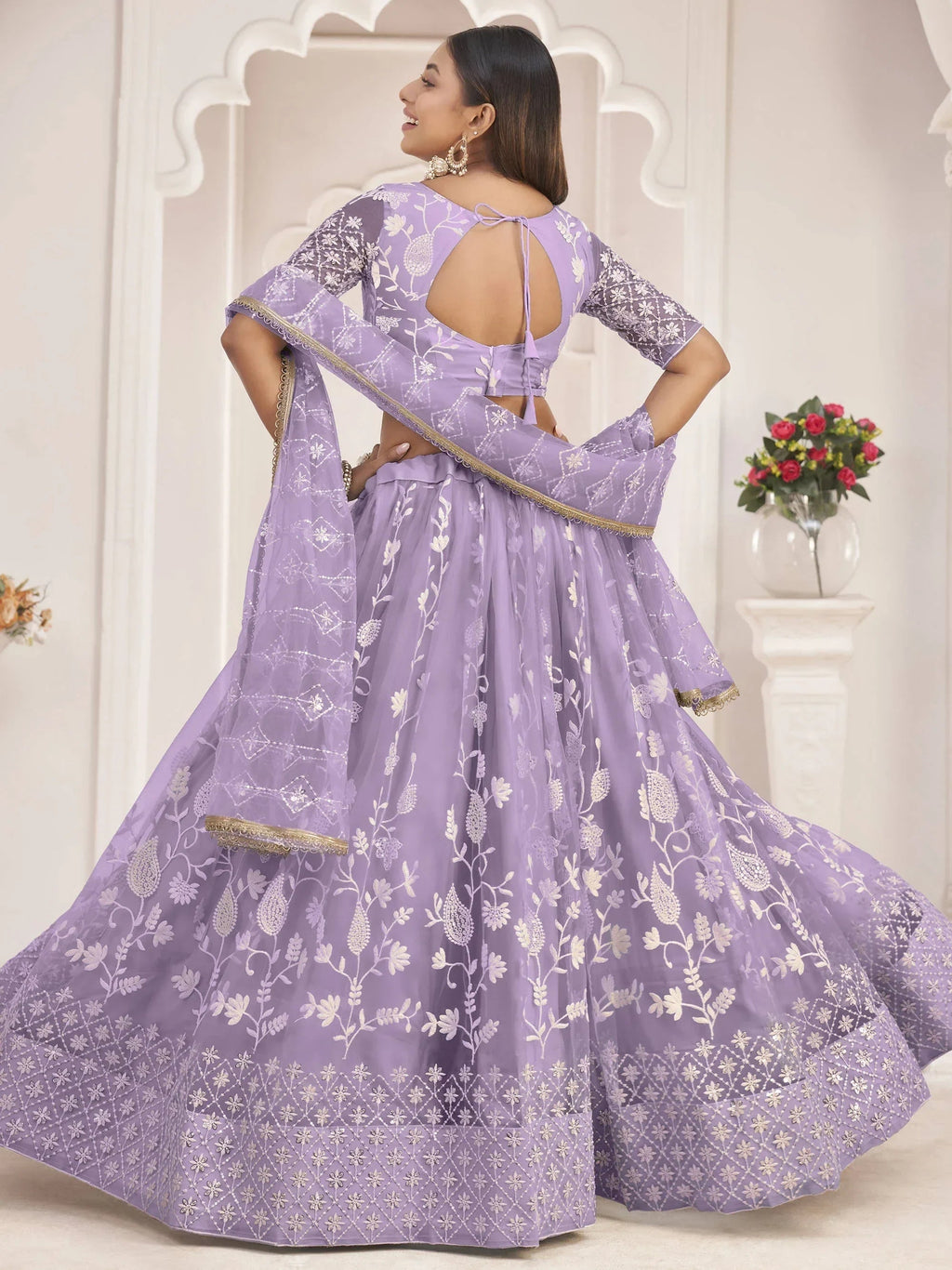 Lavender Magnificent Light Butterfly Net Cotton Thread Party Wear Lehenga