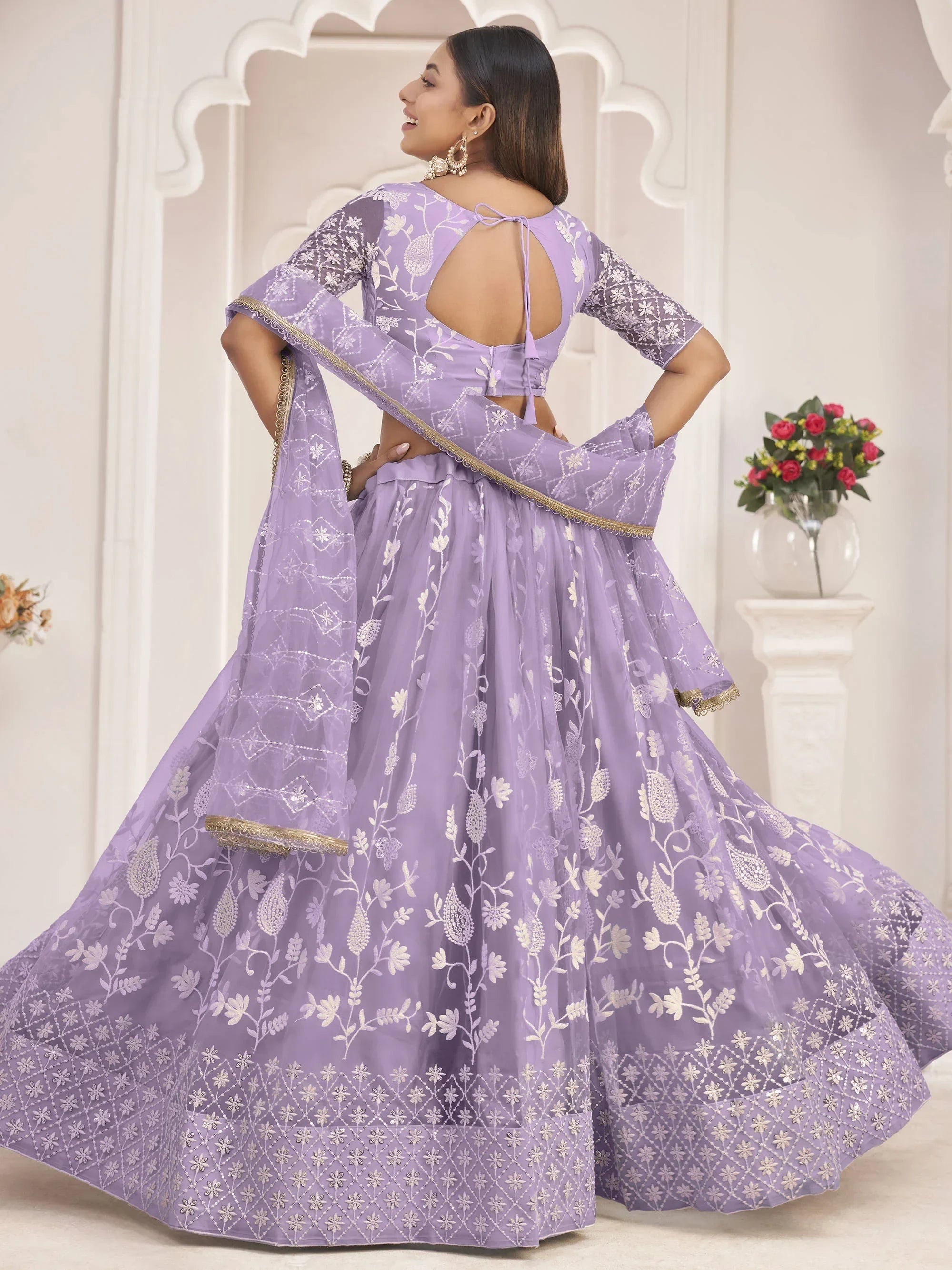 Lavender Magnificent Light Butterfly Net Cotton Thread Party Wear Lehenga