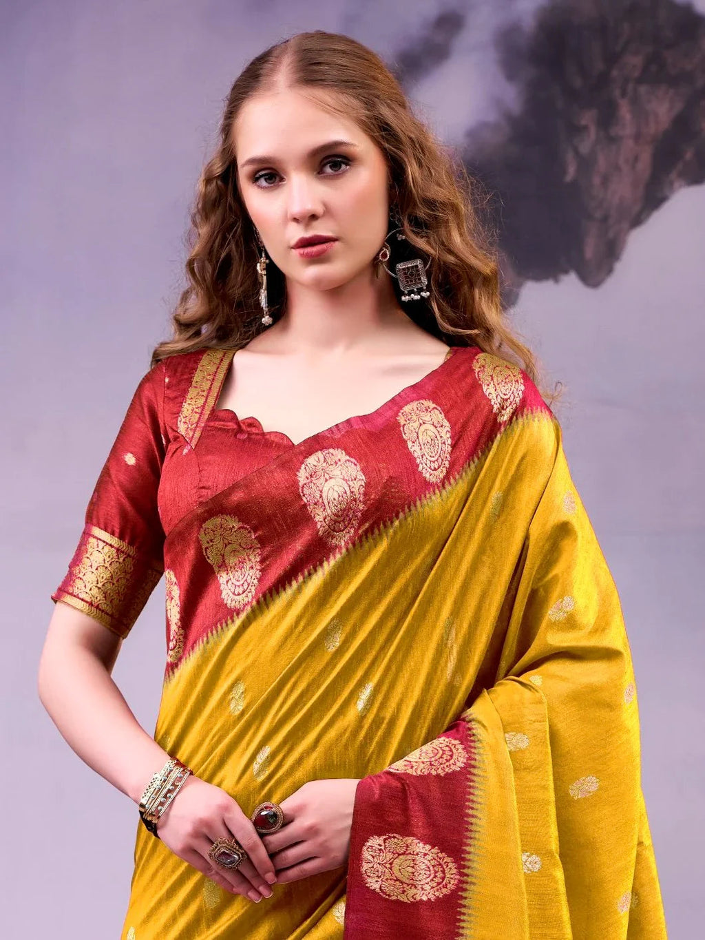 Mustard Awesome Zari Weaving Cotton Marriage Wear Saree With Blouse