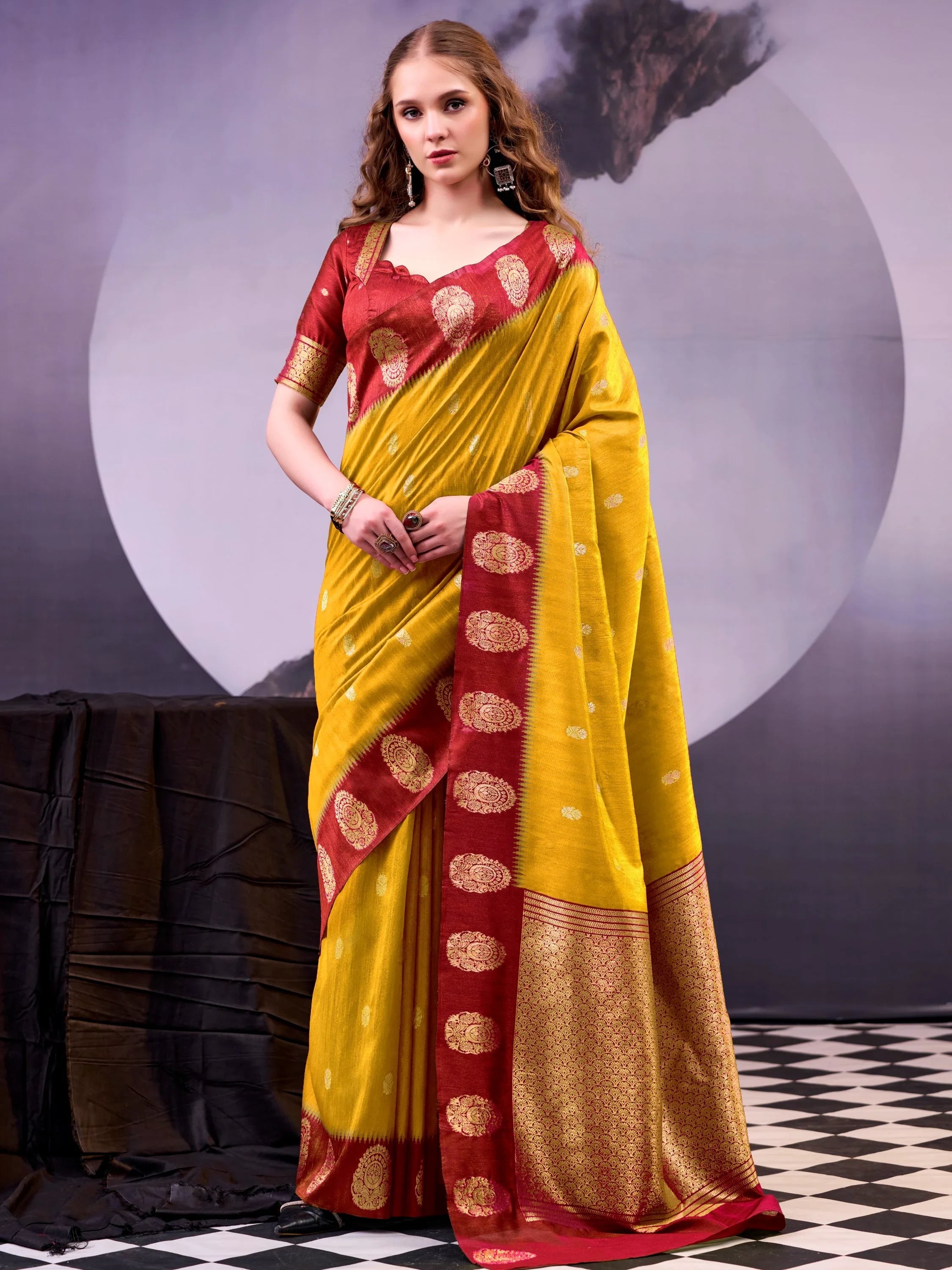Mustard Awesome Zari Weaving Cotton Marriage Wear Saree With Blouse