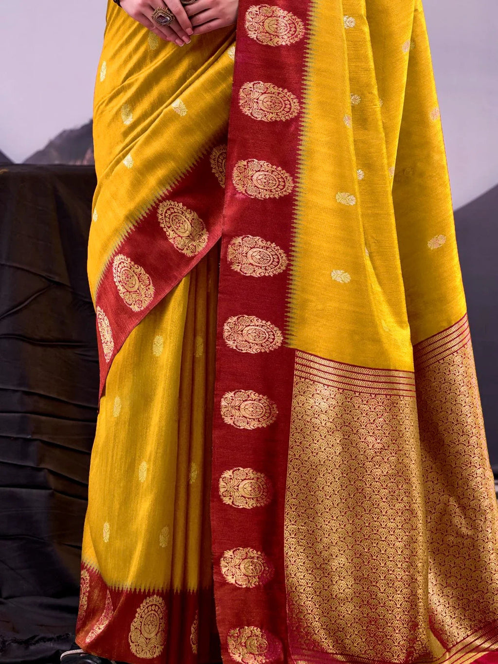 Mustard Awesome Zari Weaving Cotton Marriage Wear Saree With Blouse