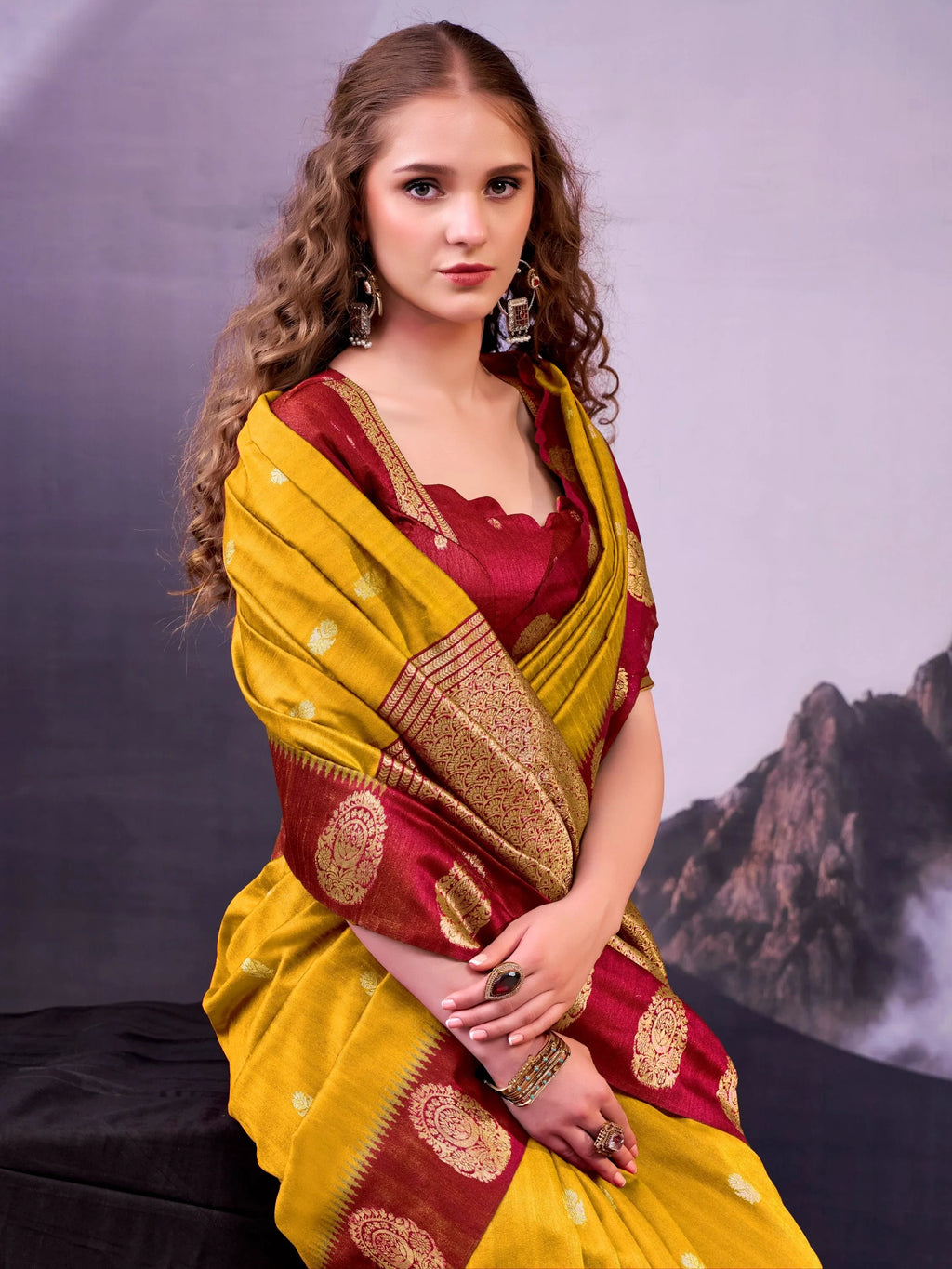 Mustard Awesome Zari Weaving Cotton Marriage Wear Saree With Blouse