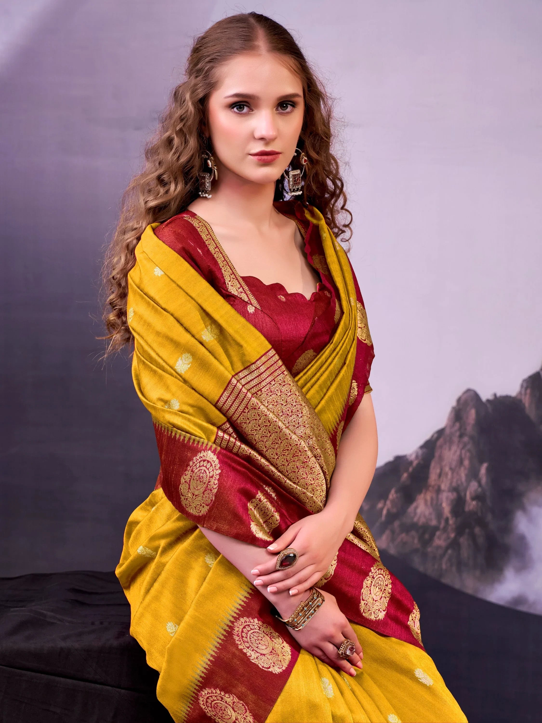 Mustard Awesome Zari Weaving Cotton Marriage Wear Saree With Blouse