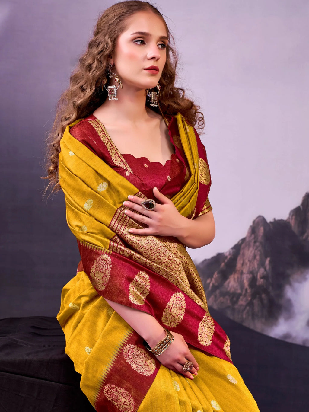 Mustard Awesome Zari Weaving Cotton Marriage Wear Saree With Blouse