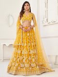 Mustard Appealing Embroidered Net Haldi Wear Lehenga Choli