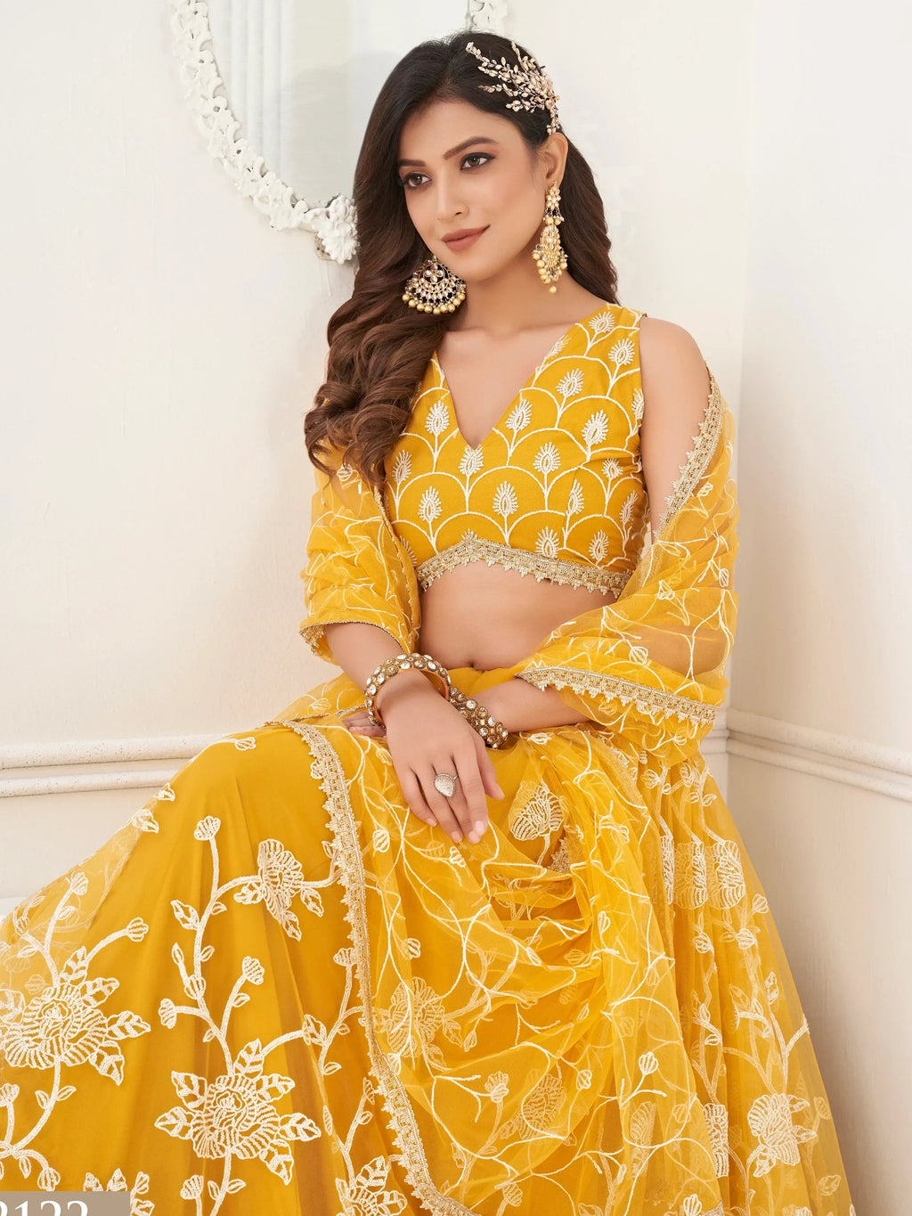 Mustard Appealing Embroidered Net Haldi Wear Lehenga Choli