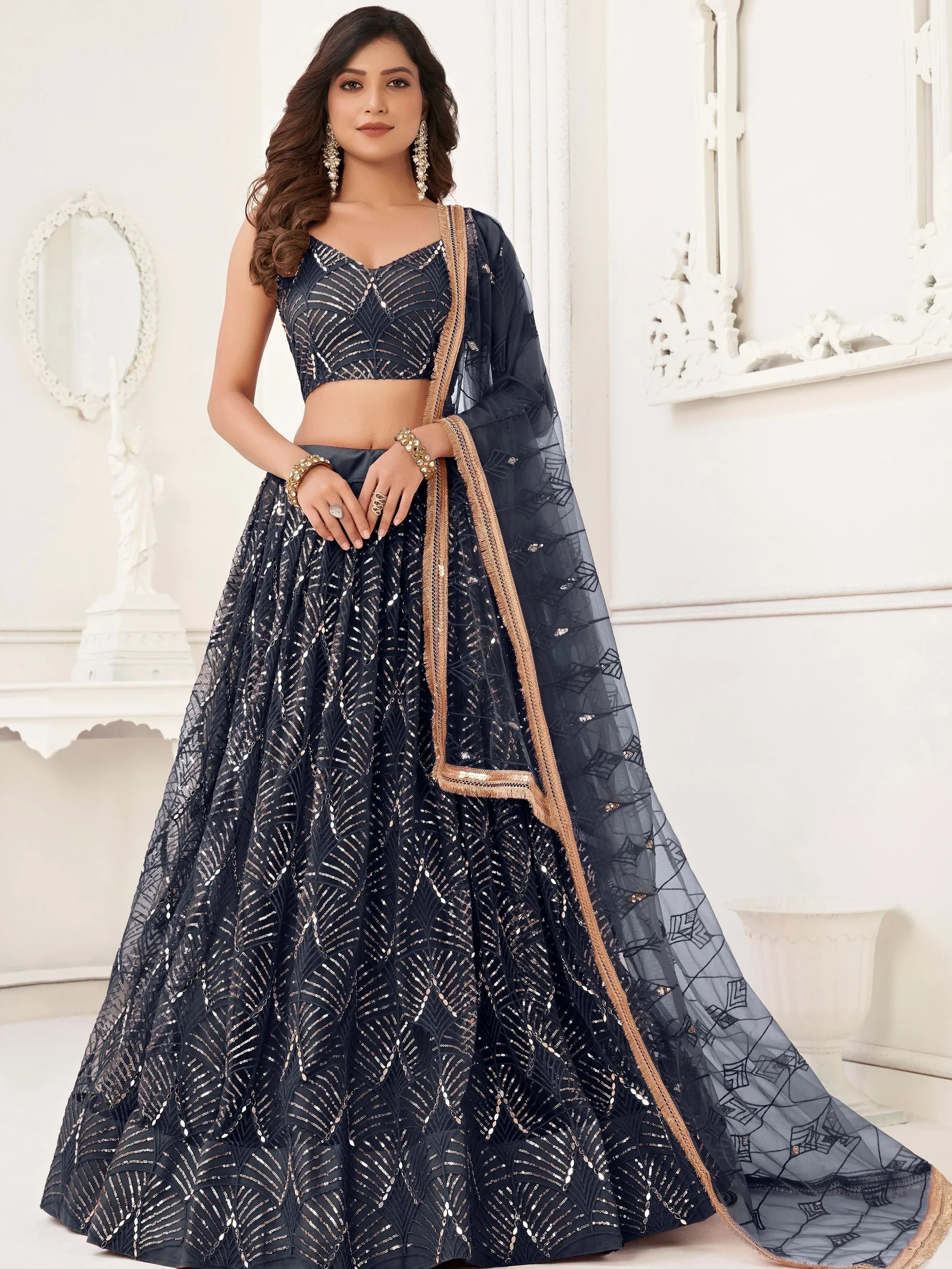 Black Beautiful Sequins Net Reception Wear Lehenga Choli With Dupatta