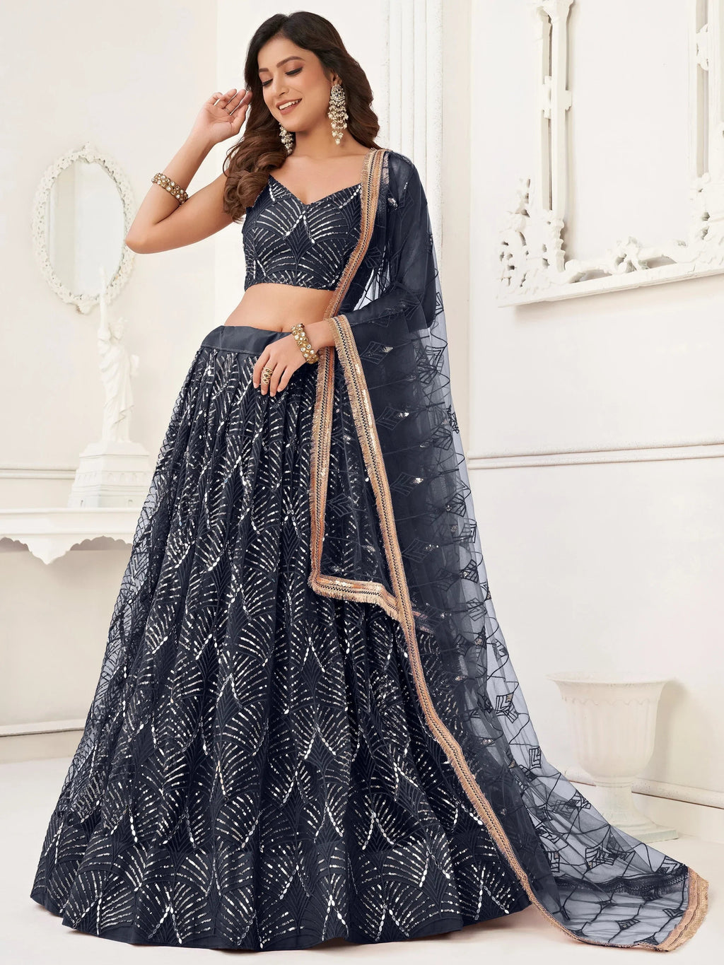 Black Beautiful Sequins Net Reception Wear Lehenga Choli With Dupatta