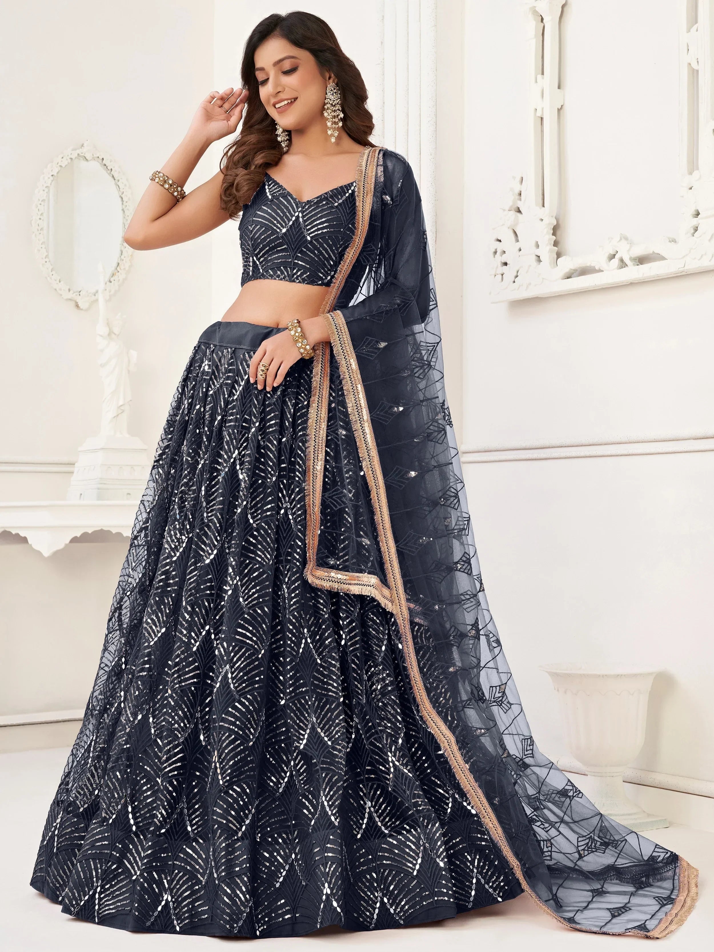 Black Beautiful Sequins Net Reception Wear Lehenga Choli With Dupatta