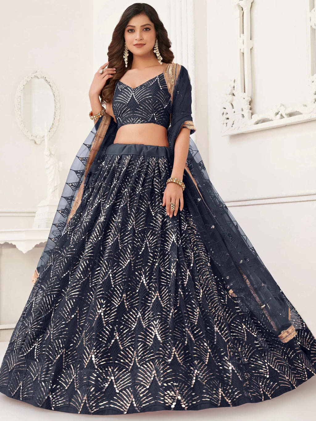 Black Beautiful Sequins Net Reception Wear Lehenga Choli With Dupatta