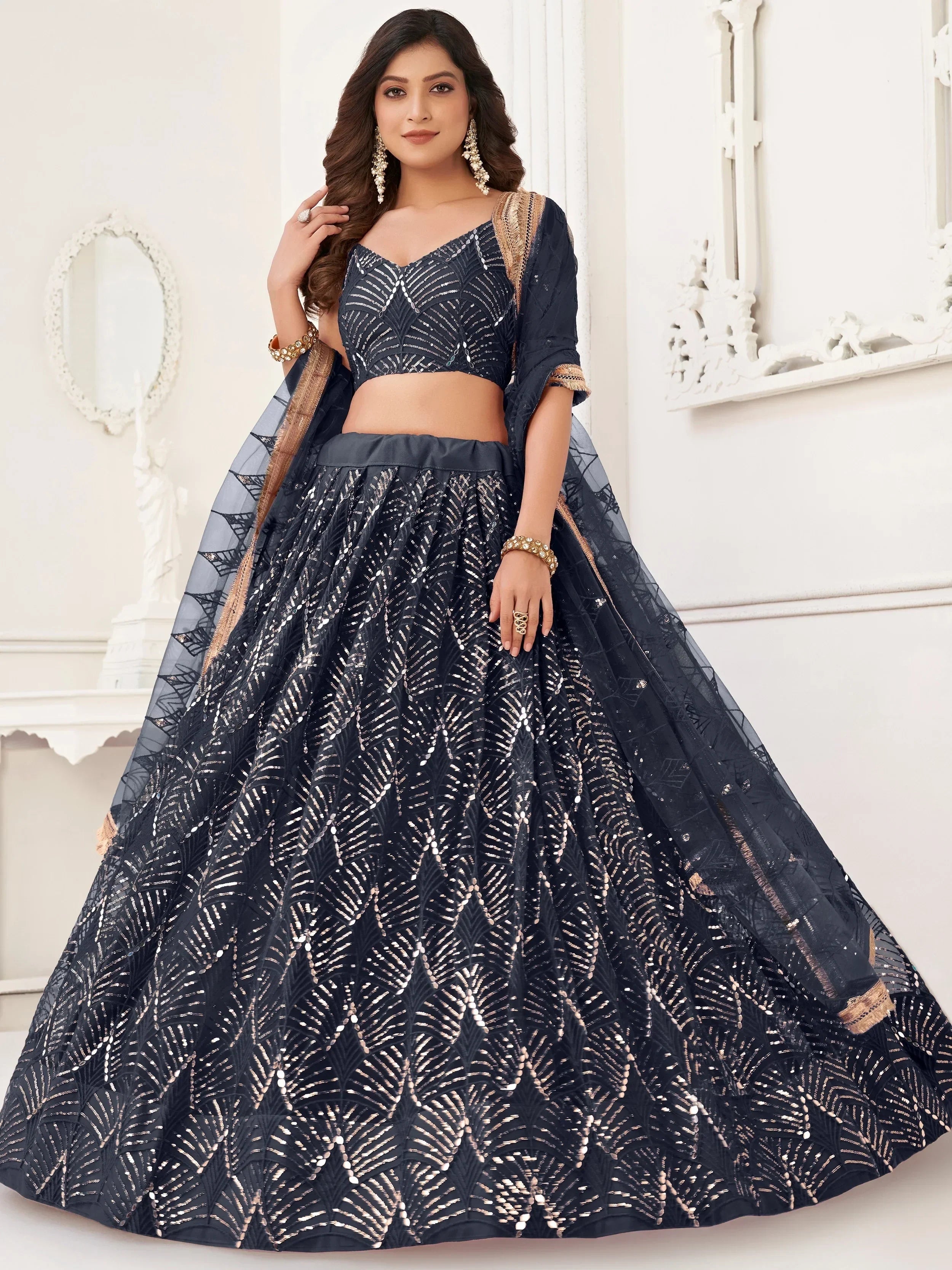 Black Beautiful Sequins Net Reception Wear Lehenga Choli With Dupatta