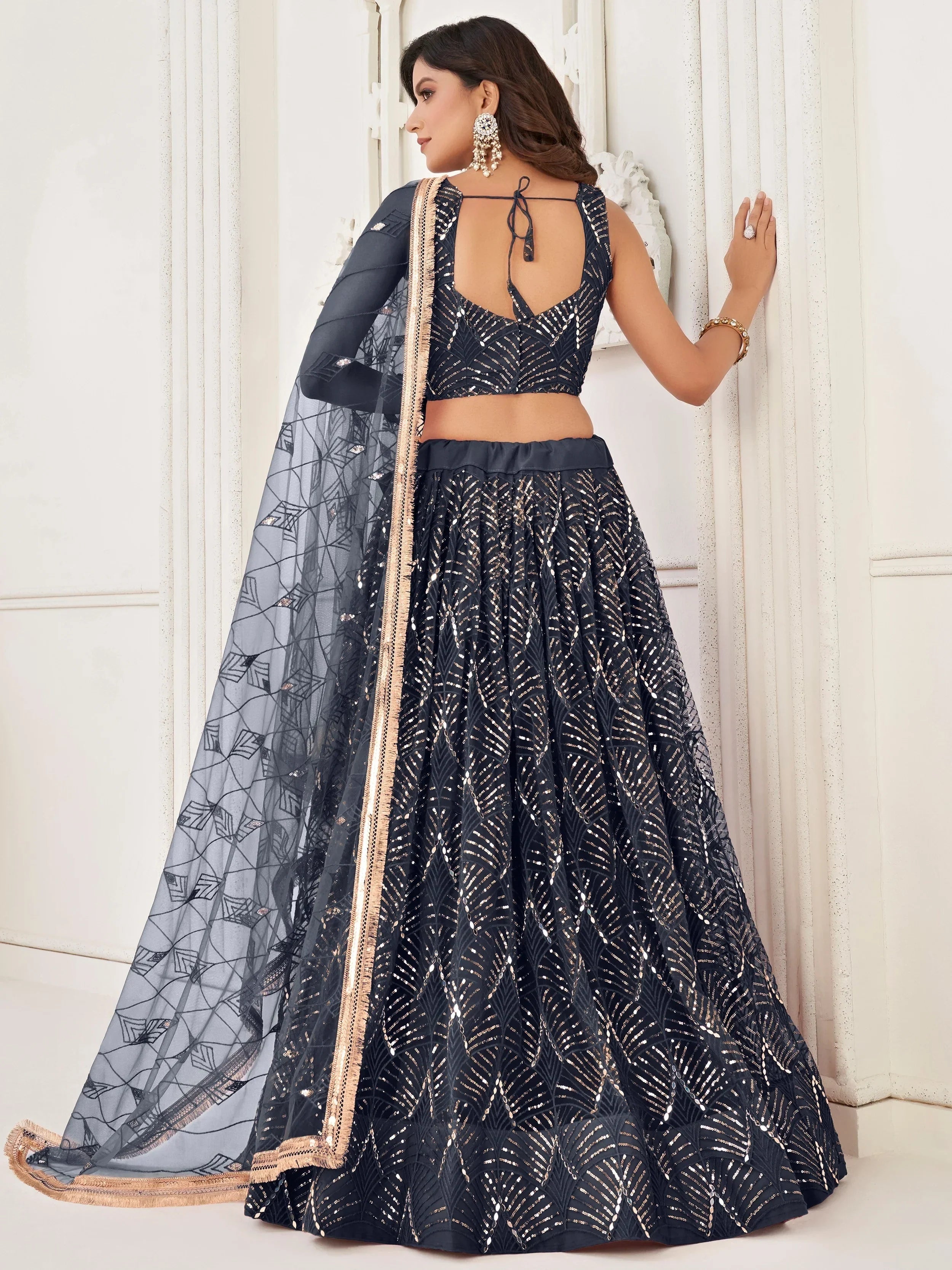 Black Beautiful Sequins Net Reception Wear Lehenga Choli With Dupatta
