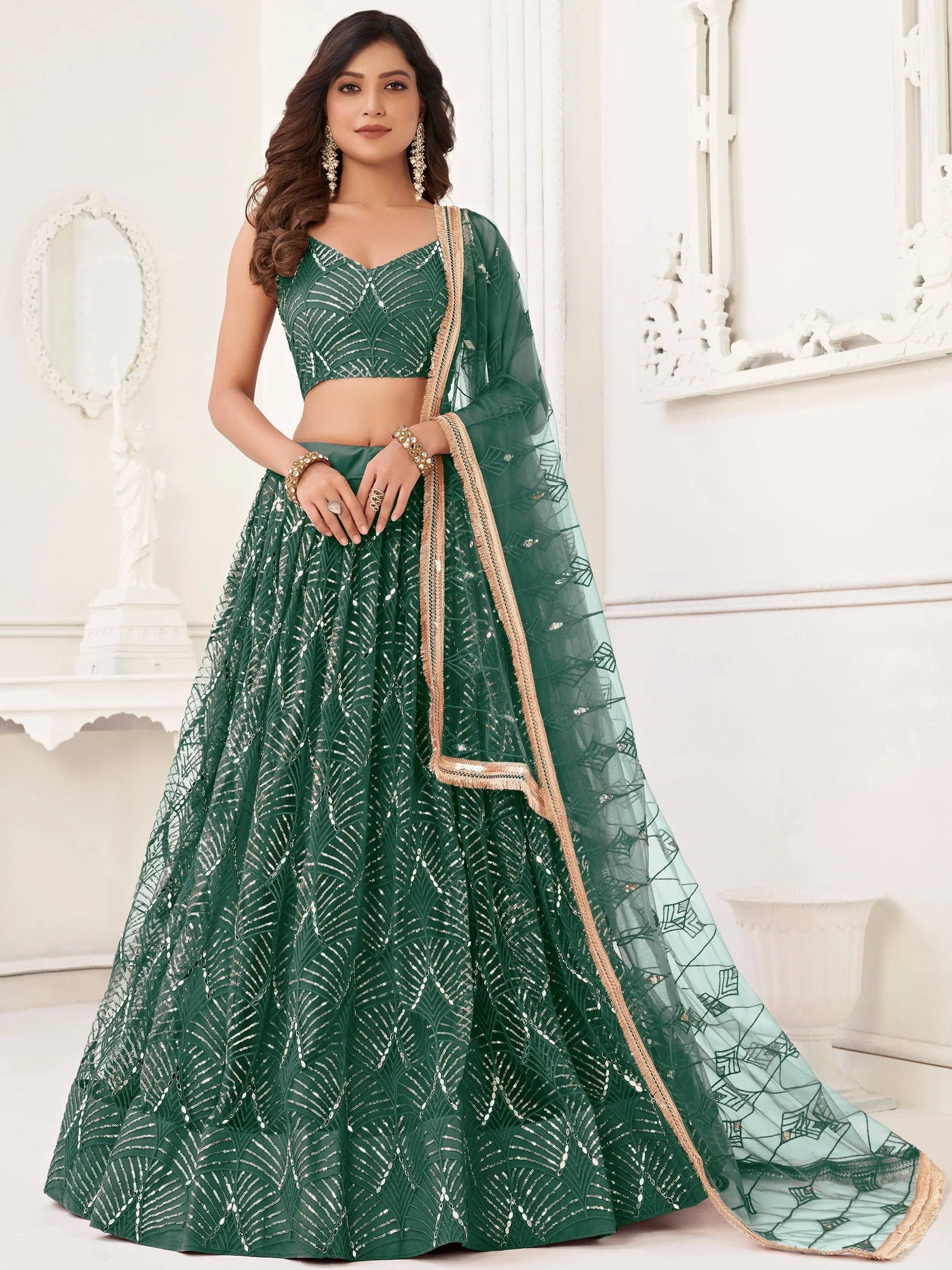 Green Beautiful Sequins Net Reception Wear Lehenga Choli With Dupatta