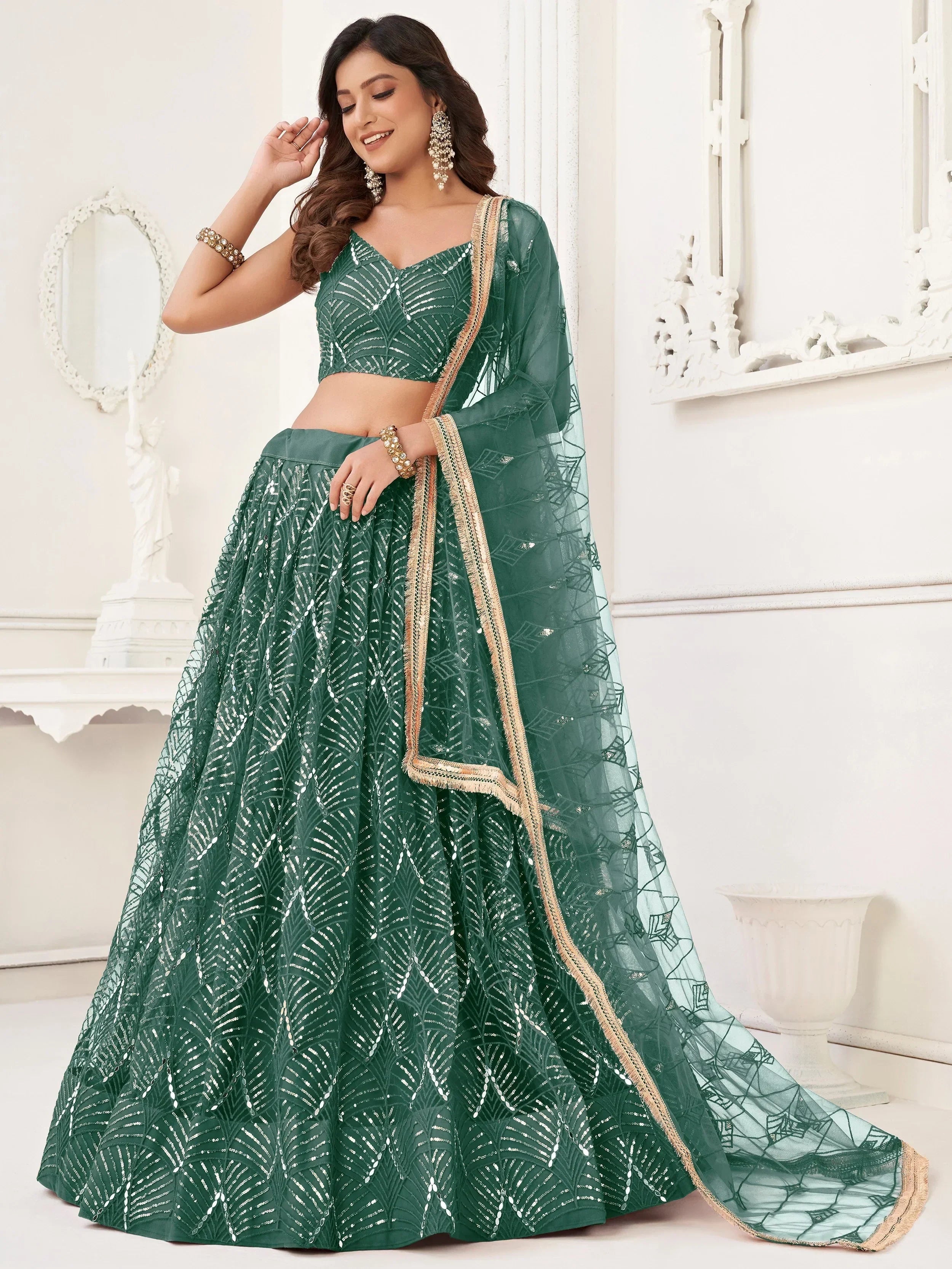 Green Beautiful Sequins Net Reception Wear Lehenga Choli With Dupatta