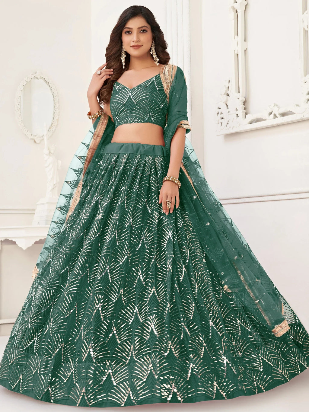 Green Beautiful Sequins Net Reception Wear Lehenga Choli With Dupatta