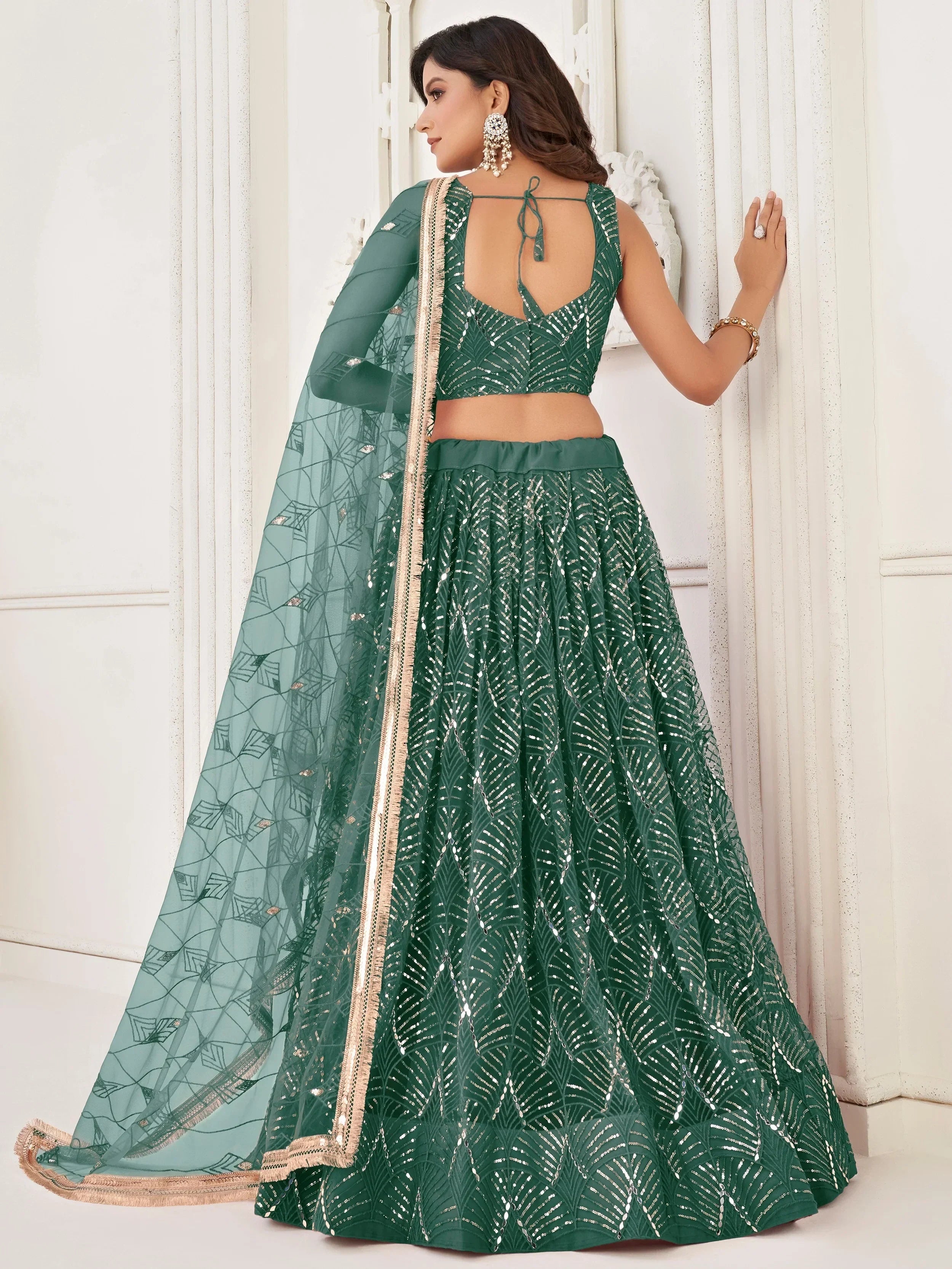 Green Beautiful Sequins Net Reception Wear Lehenga Choli With Dupatta