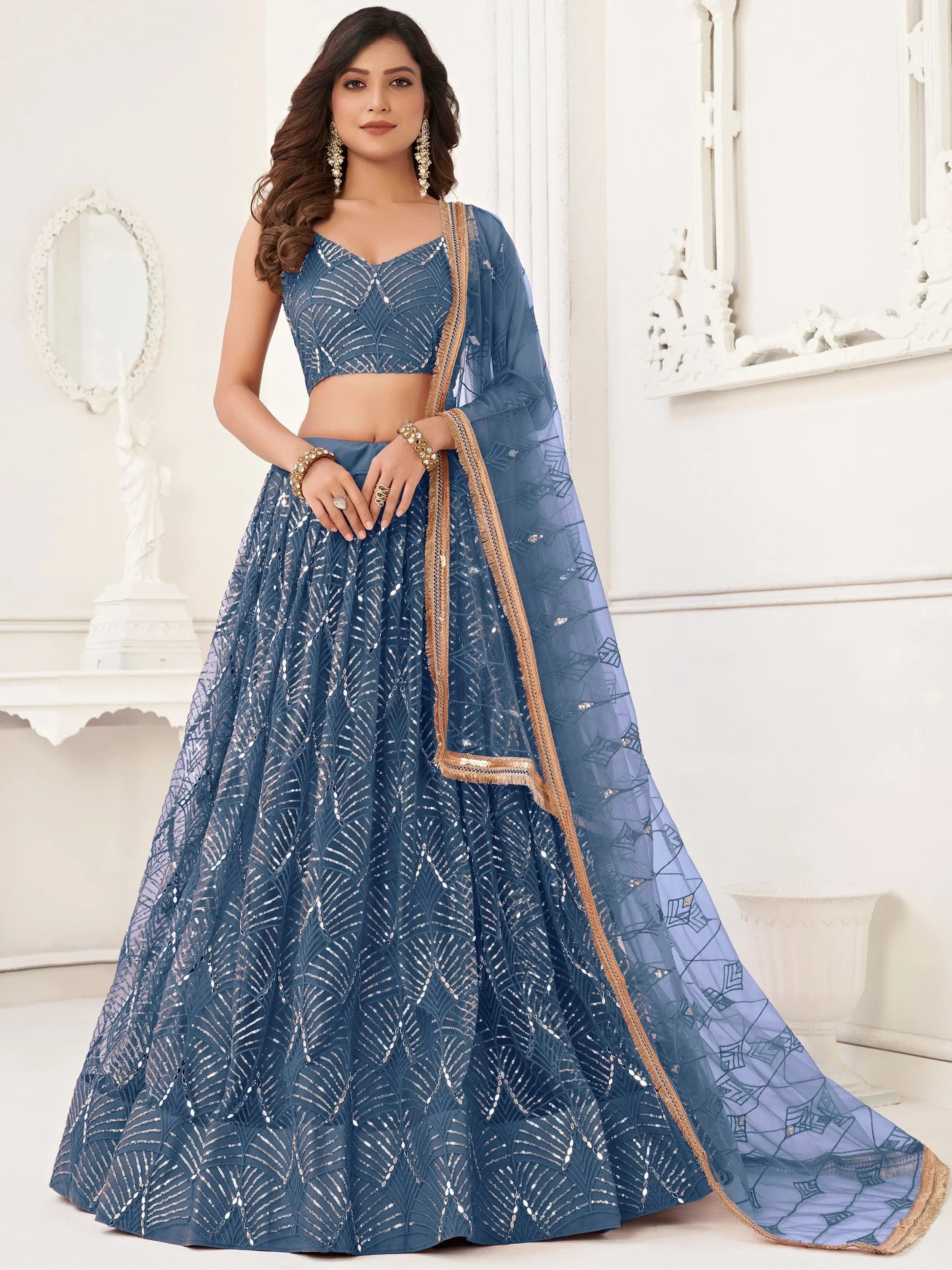 Blue Beautiful Sequins Net Reception Wear Lehenga Choli With Dupatta