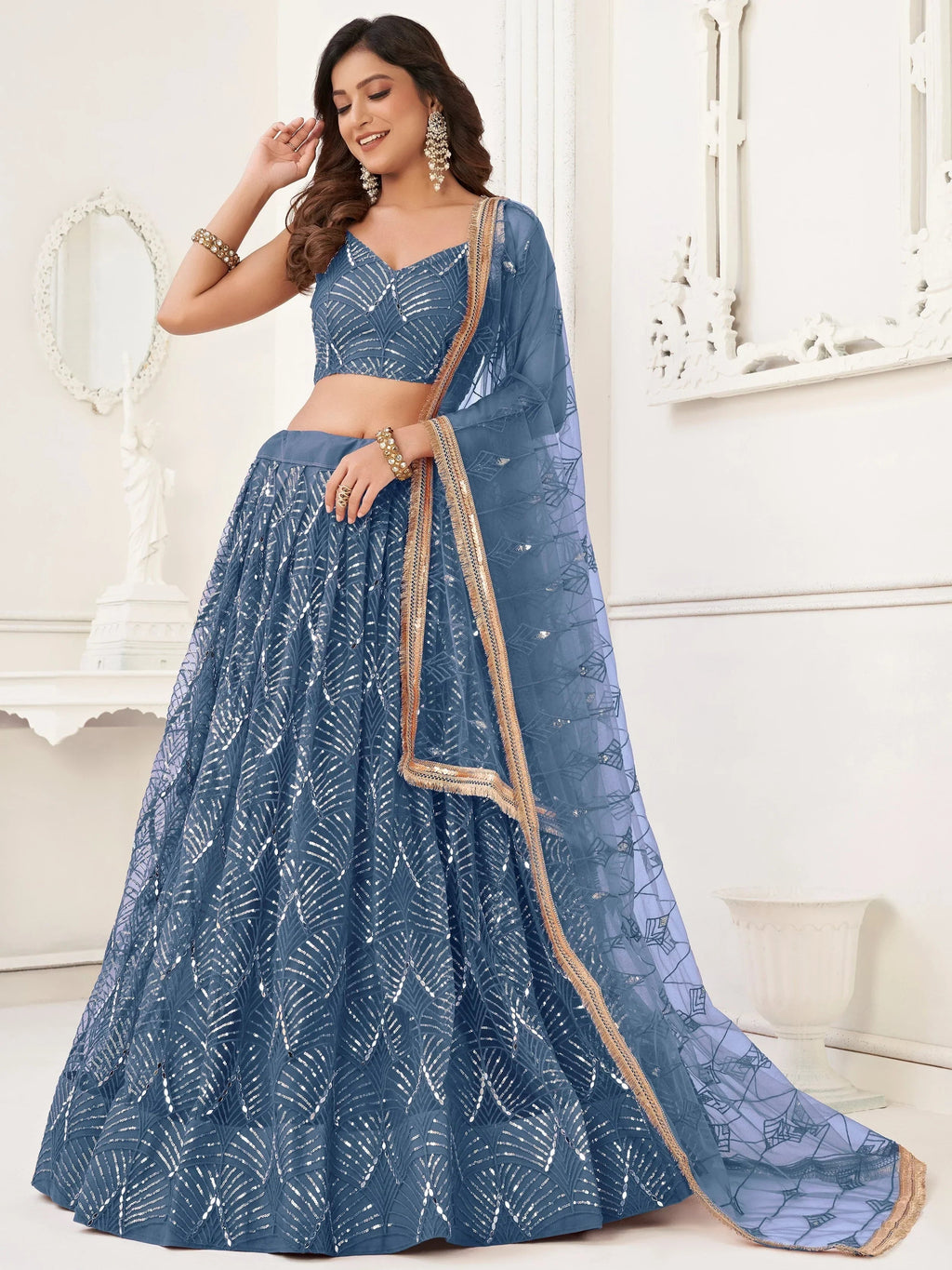 Blue Beautiful Sequins Net Reception Wear Lehenga Choli With Dupatta
