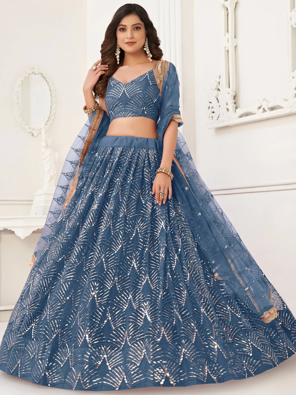 Blue Beautiful Sequins Net Reception Wear Lehenga Choli With Dupatta