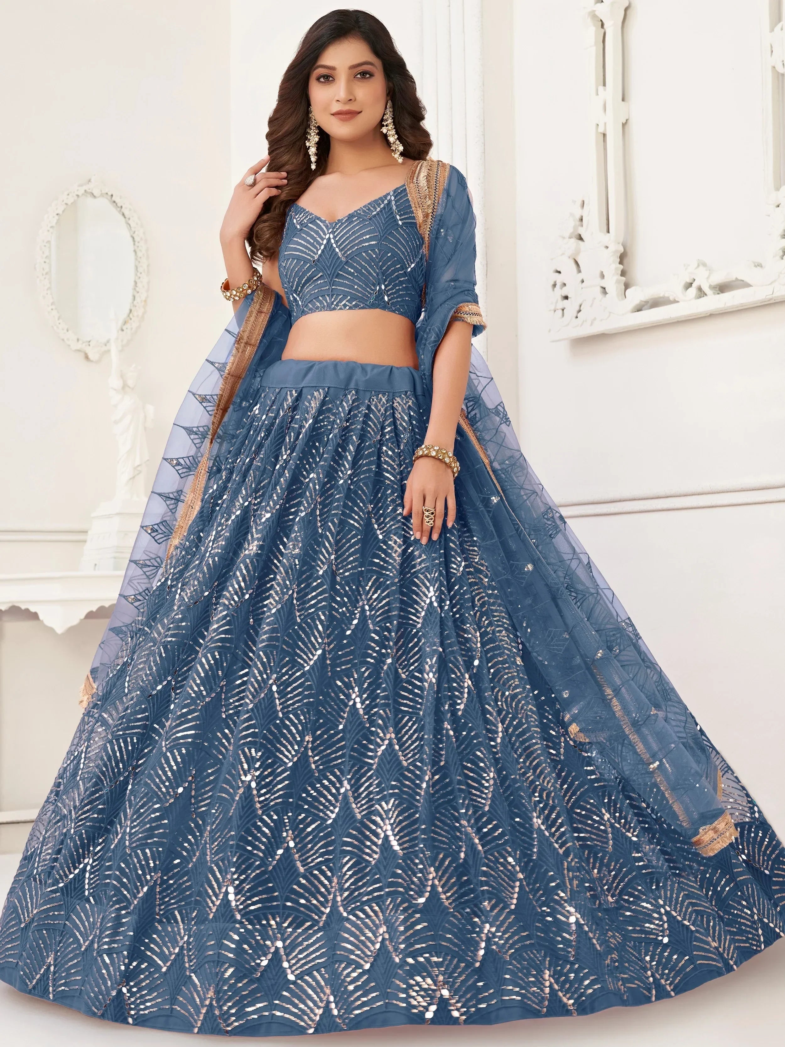 Blue Beautiful Sequins Net Reception Wear Lehenga Choli With Dupatta
