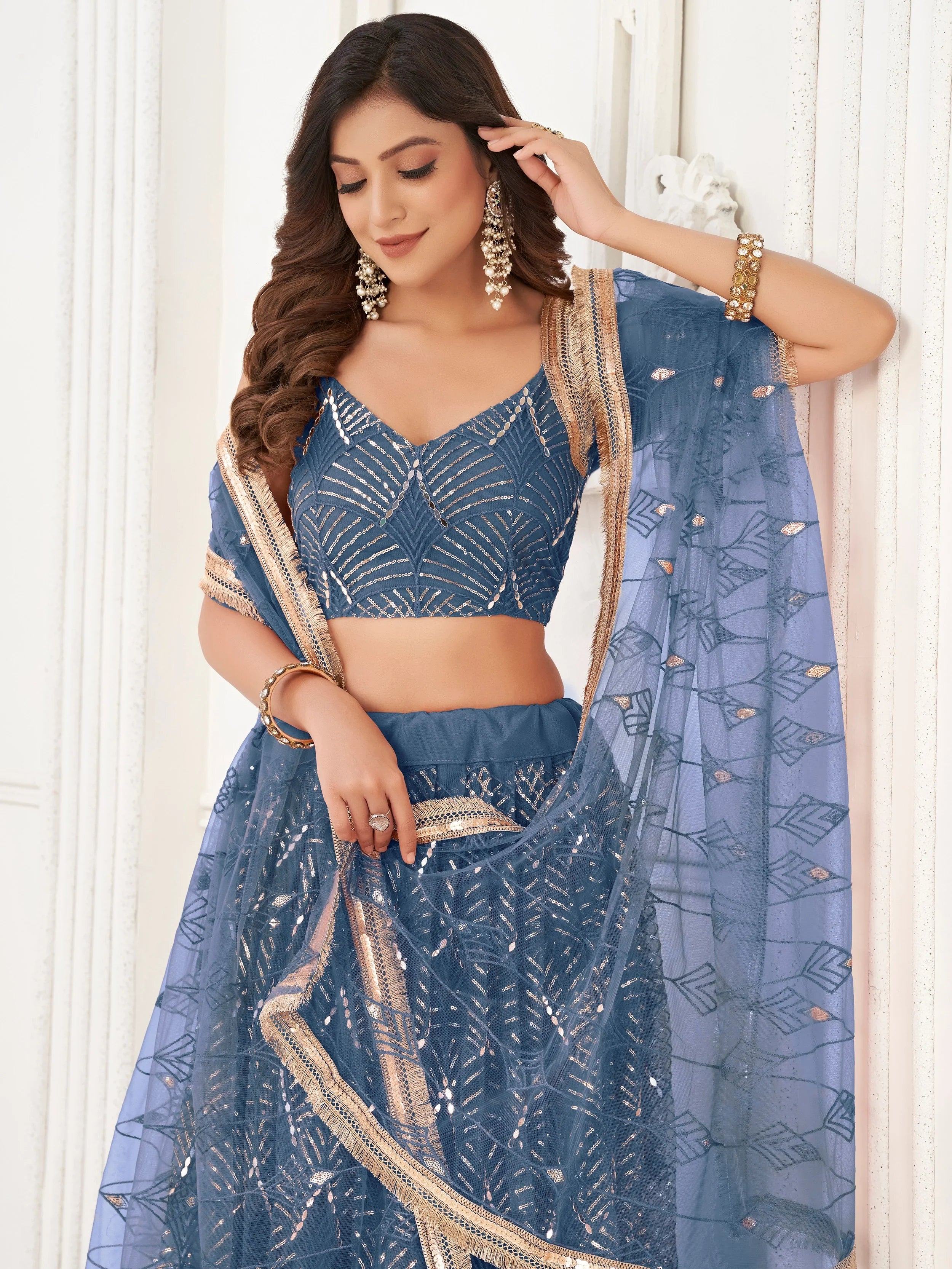 Blue Beautiful Sequins Net Reception Wear Lehenga Choli With Dupatta