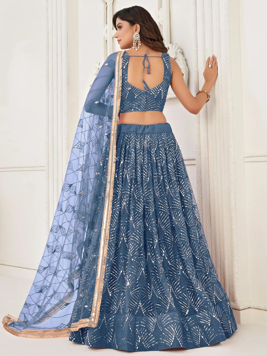 Blue Beautiful Sequins Net Reception Wear Lehenga Choli With Dupatta
