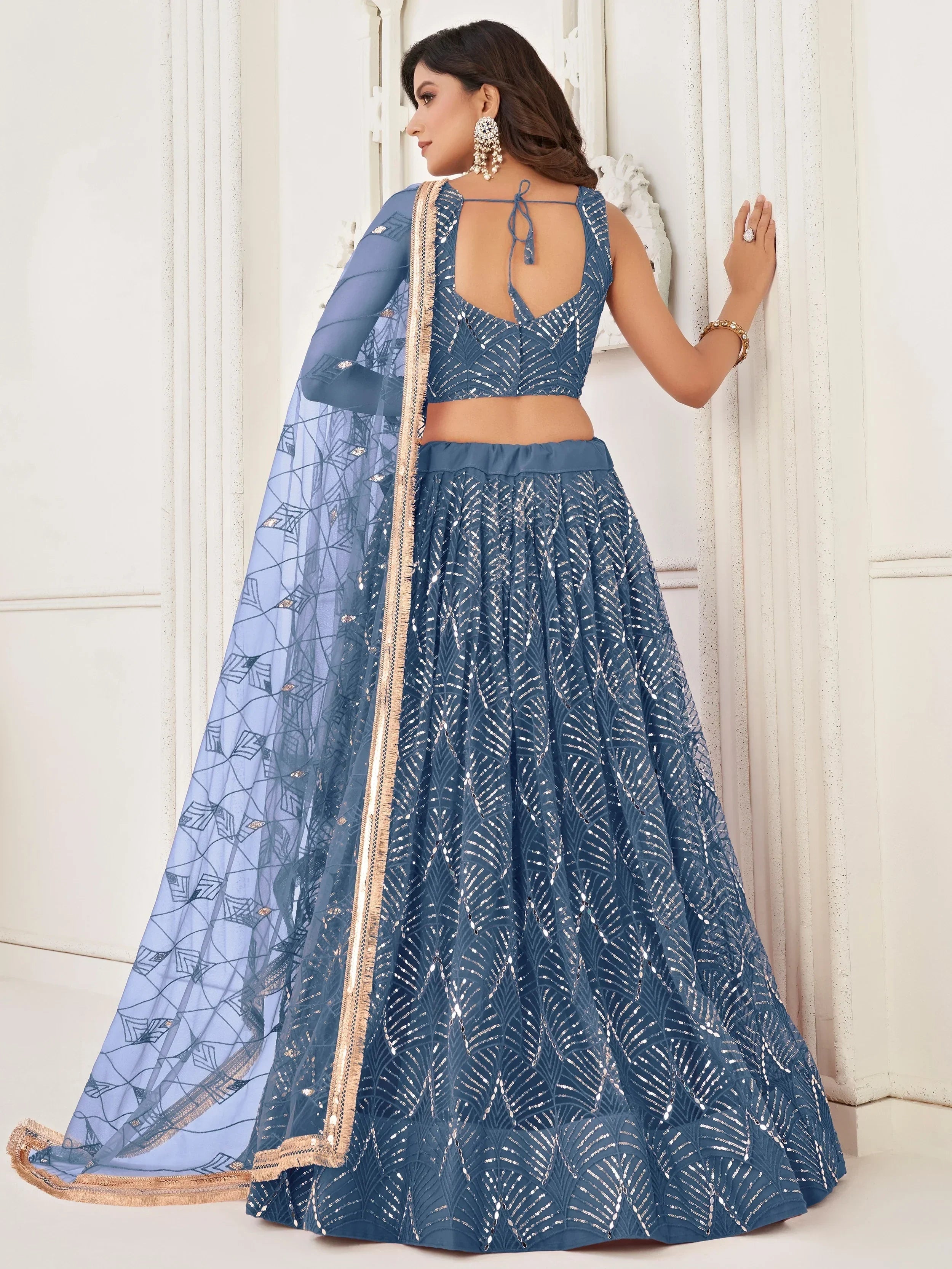 Blue Beautiful Sequins Net Reception Wear Lehenga Choli With Dupatta