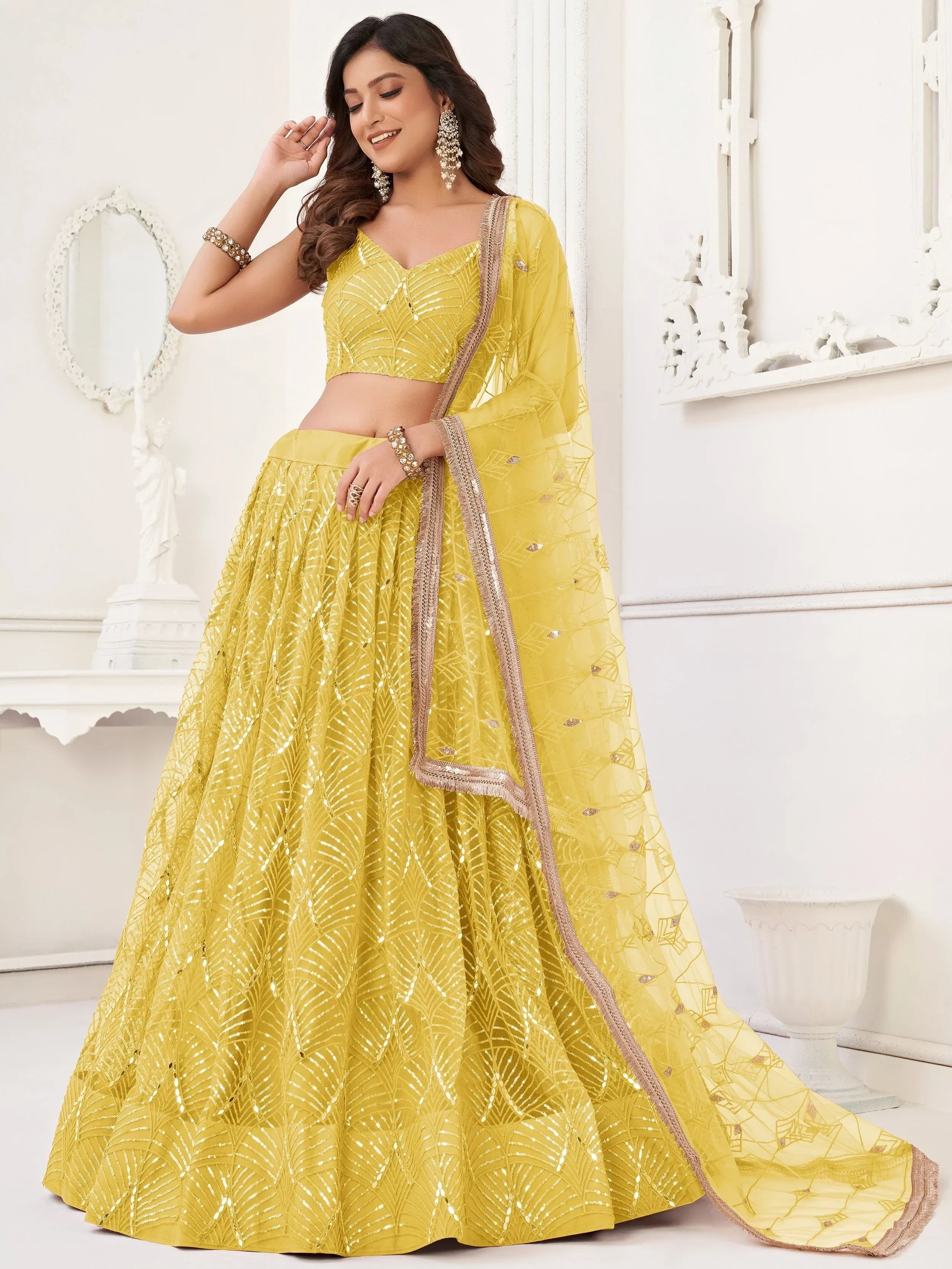 Yellow Beautiful Sequins Net Reception Wear Lehenga Choli With Dupatta