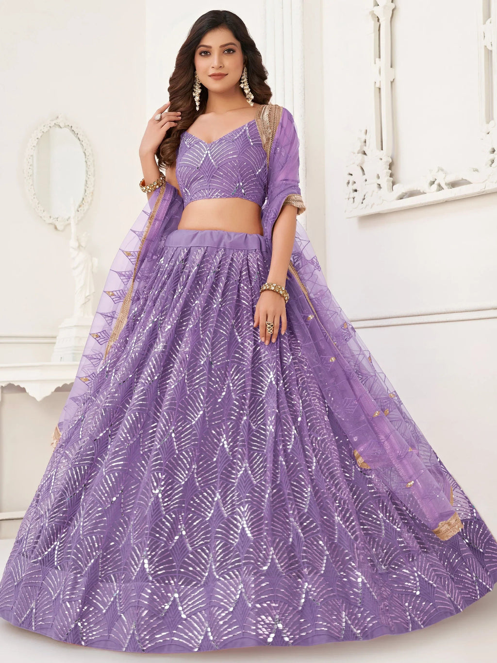 Lavender Beautiful Sequins Net Reception Wear Lehenga Choli With Dupatta